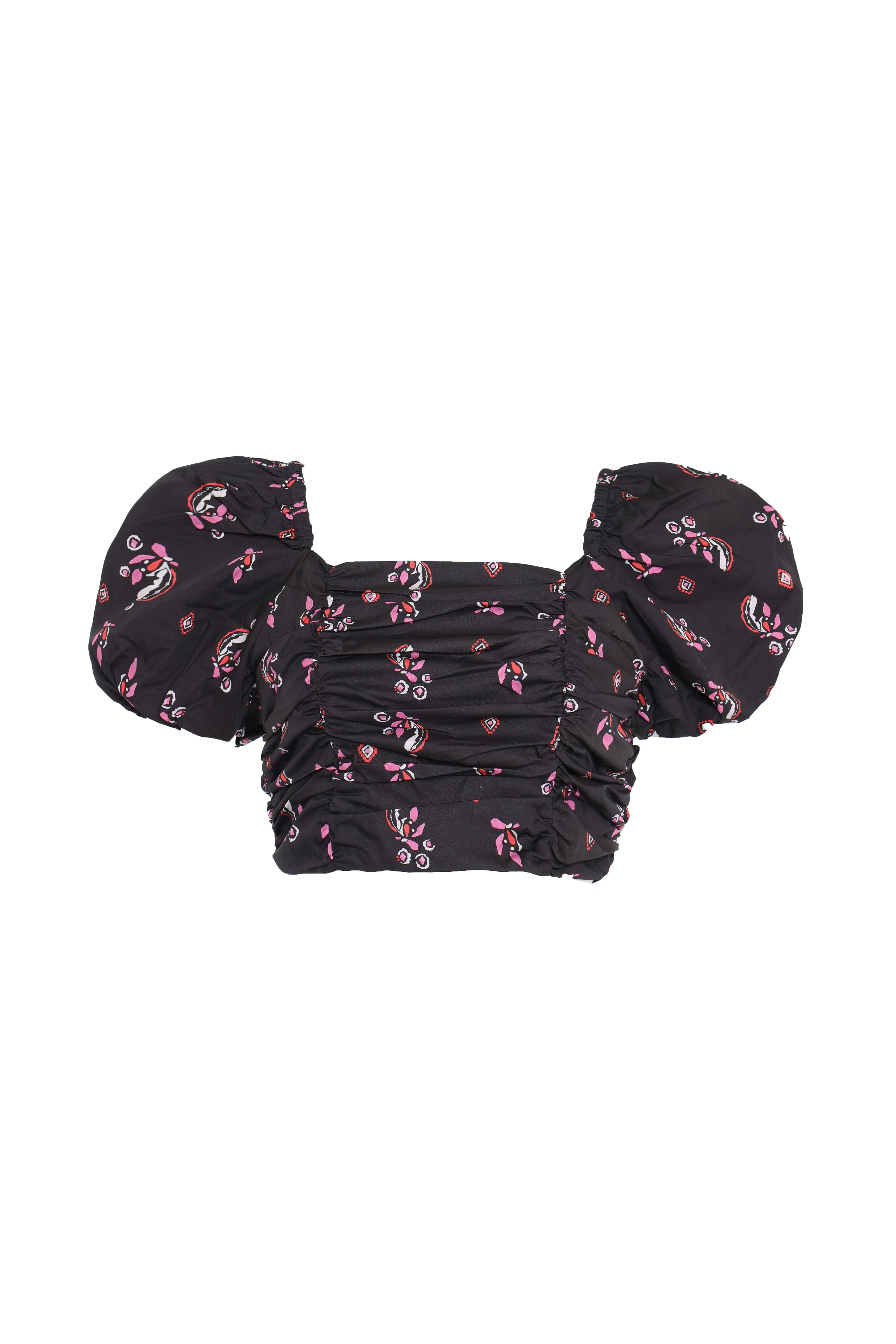 Glamorous Black Pink Motif Puff Shoulder Crop Top - Image 3