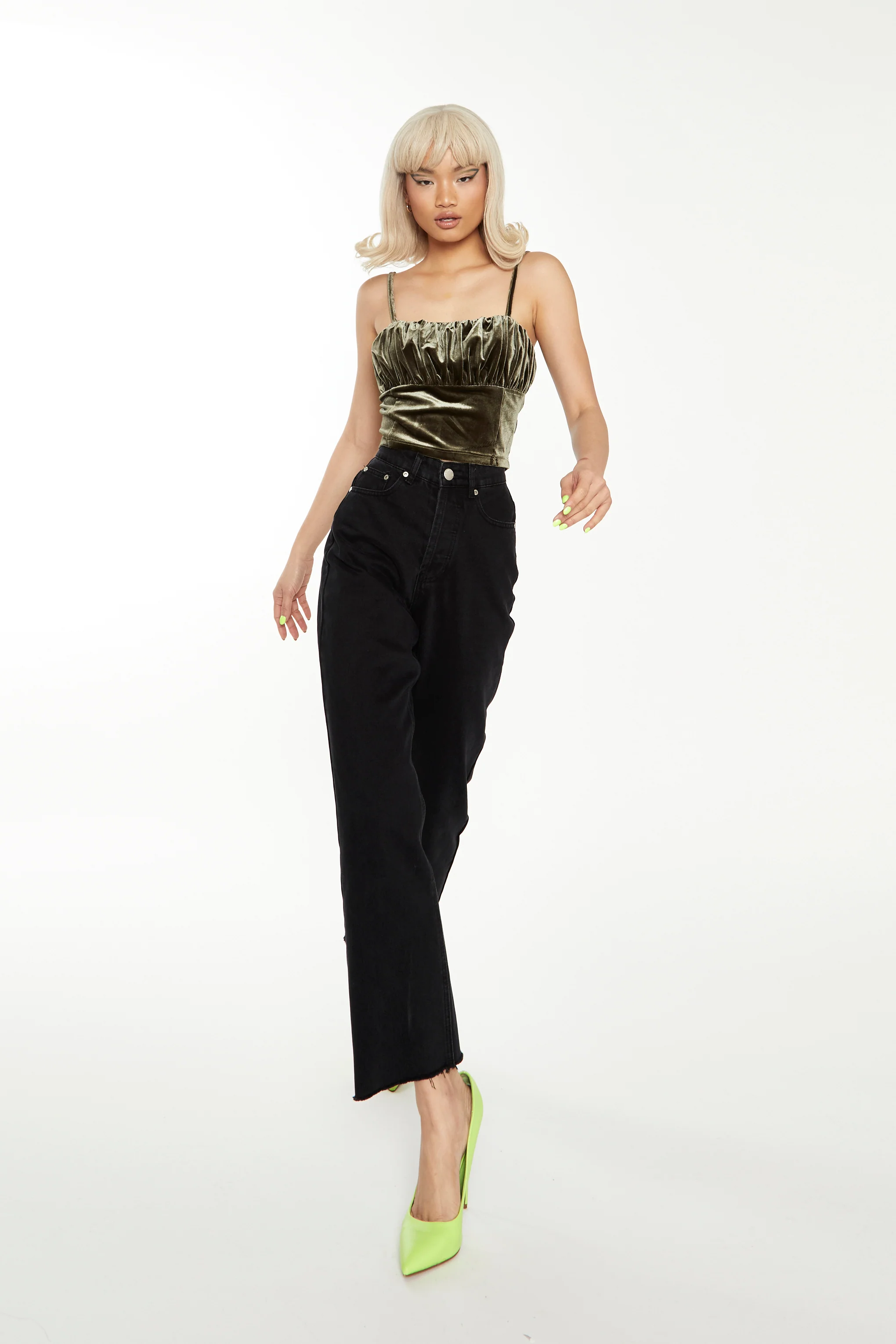 Glamorous Dark Olive Velvet Ruched Cami Top - Image 4