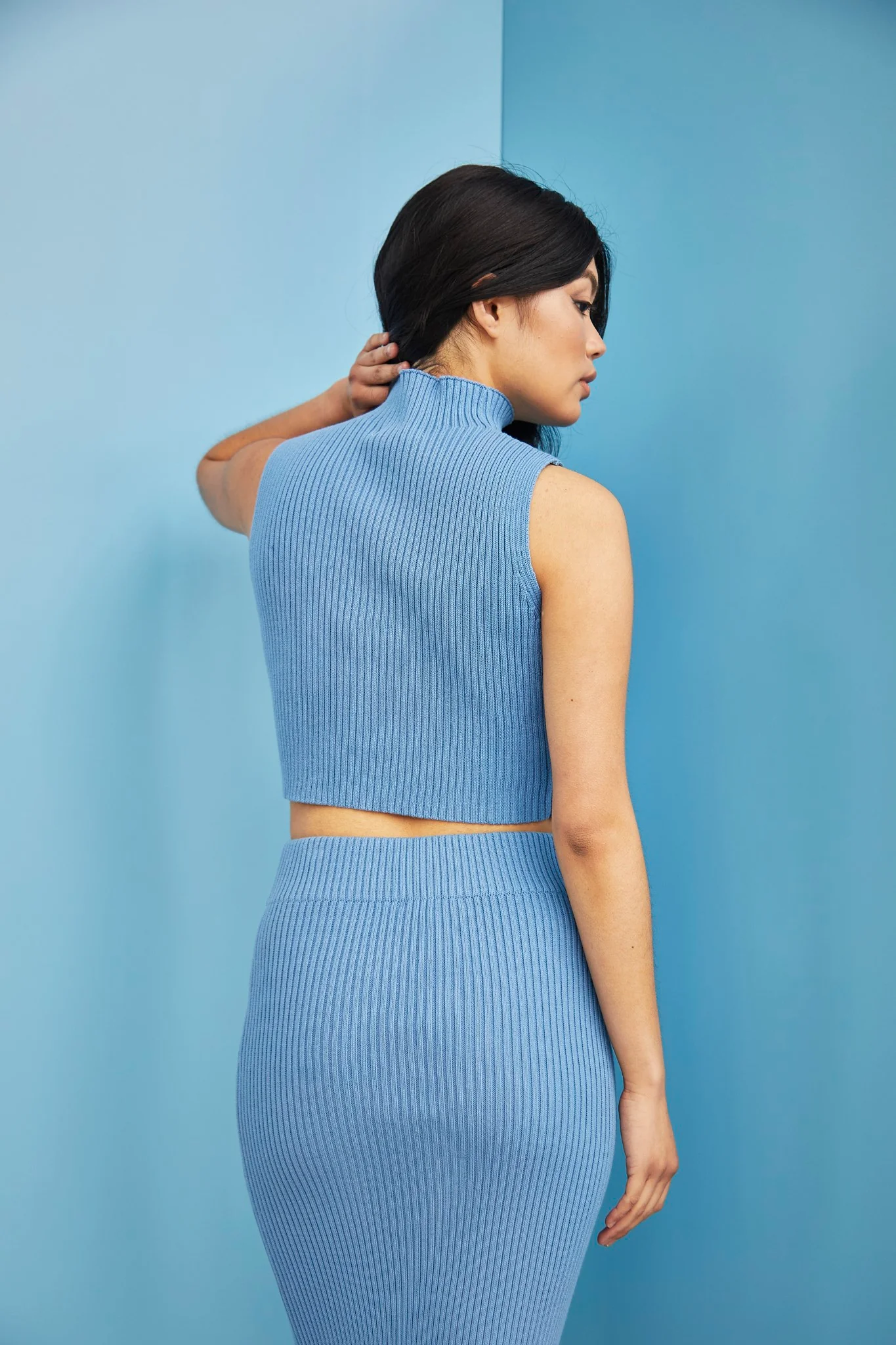 Glamorous Care Denim Blue High Neck Ribbed Top - Image 2