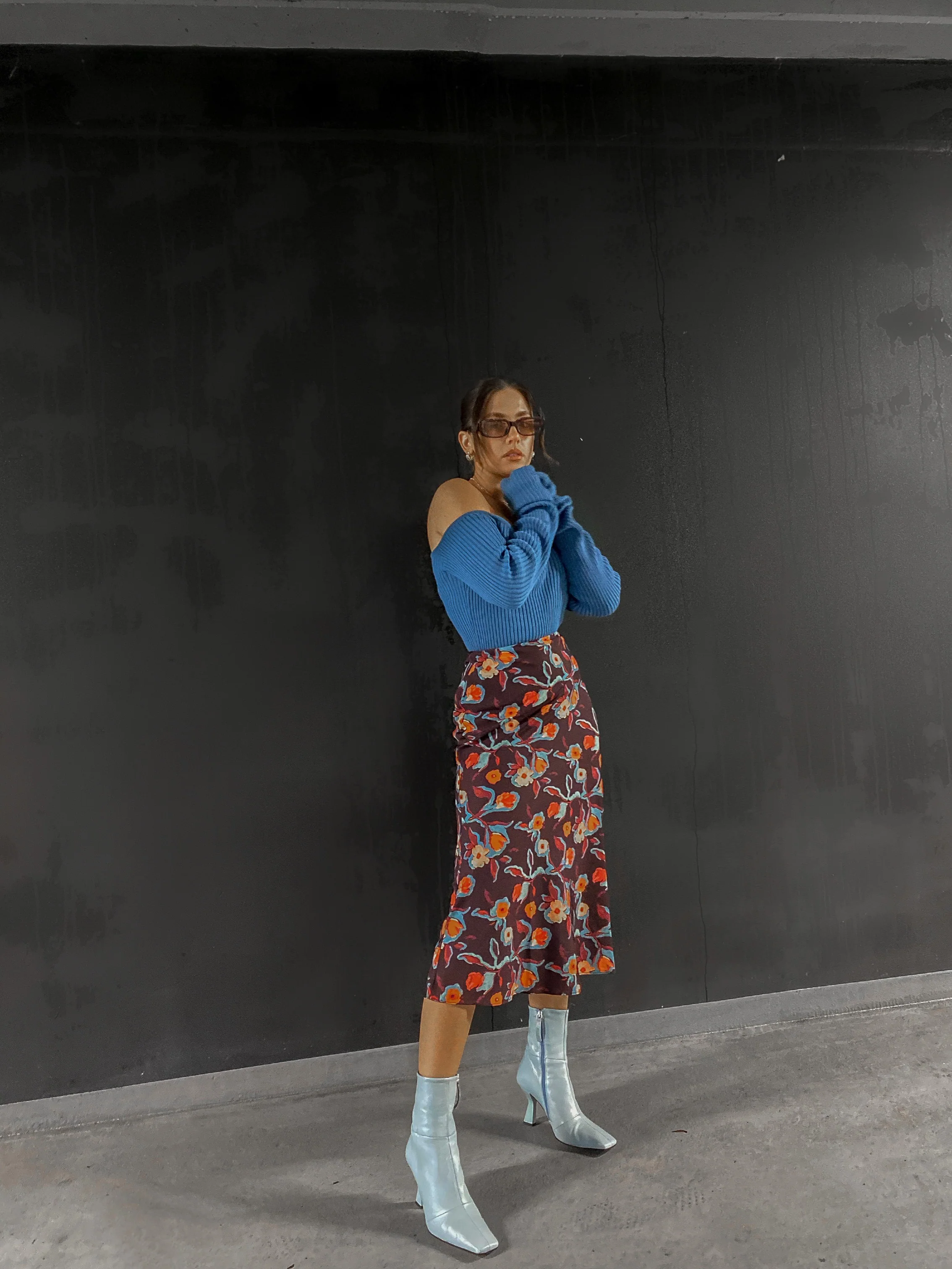 Glamorous Care Stone Blue Off The Shoulder Ribbed Crop Top - Image 2