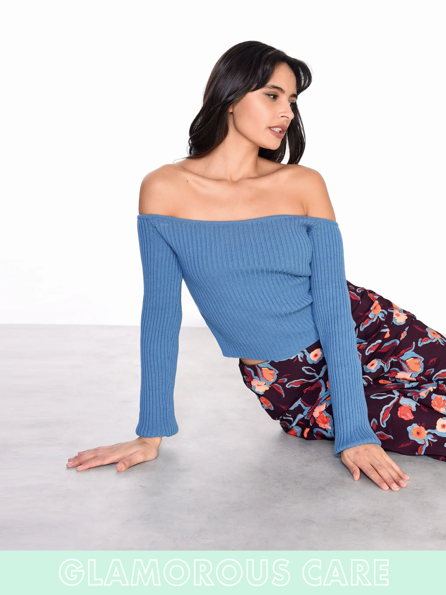 Glamorous Care Stone Blue Off The Shoulder Ribbed Crop Top - Image 3