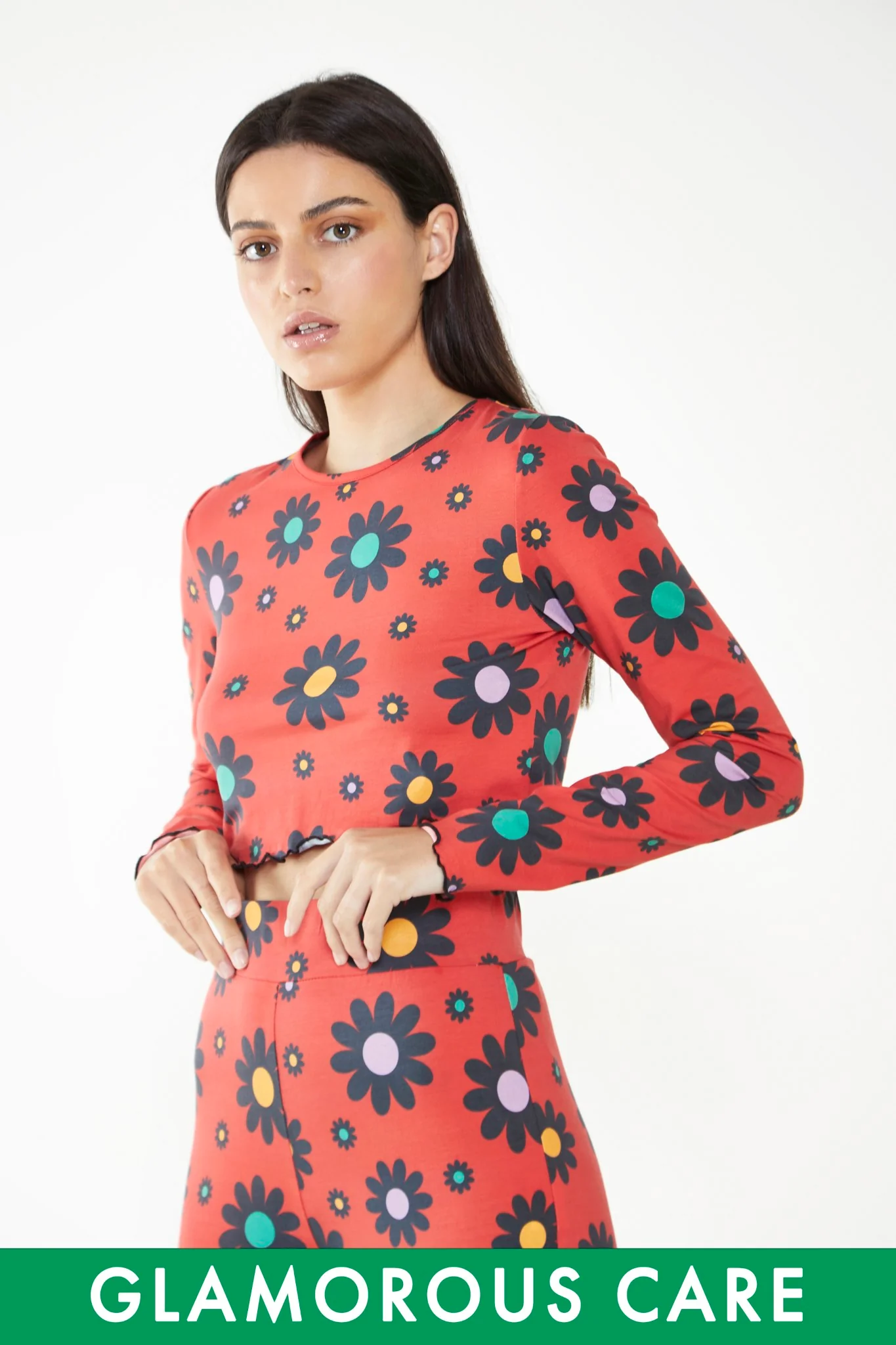 Glamorous Care Red Bright Daisy Long Sleeve Crop Top
