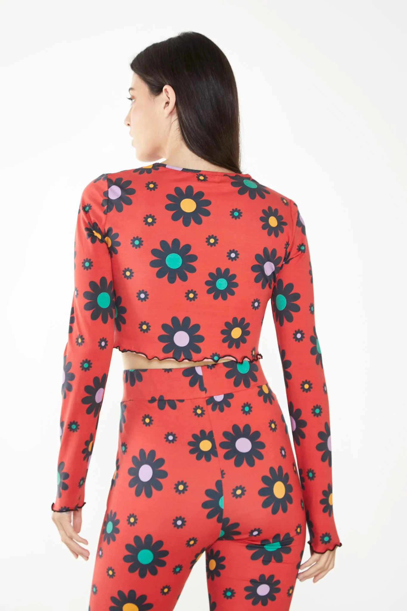 Glamorous Care Red Bright Daisy Long Sleeve Crop Top - Image 2