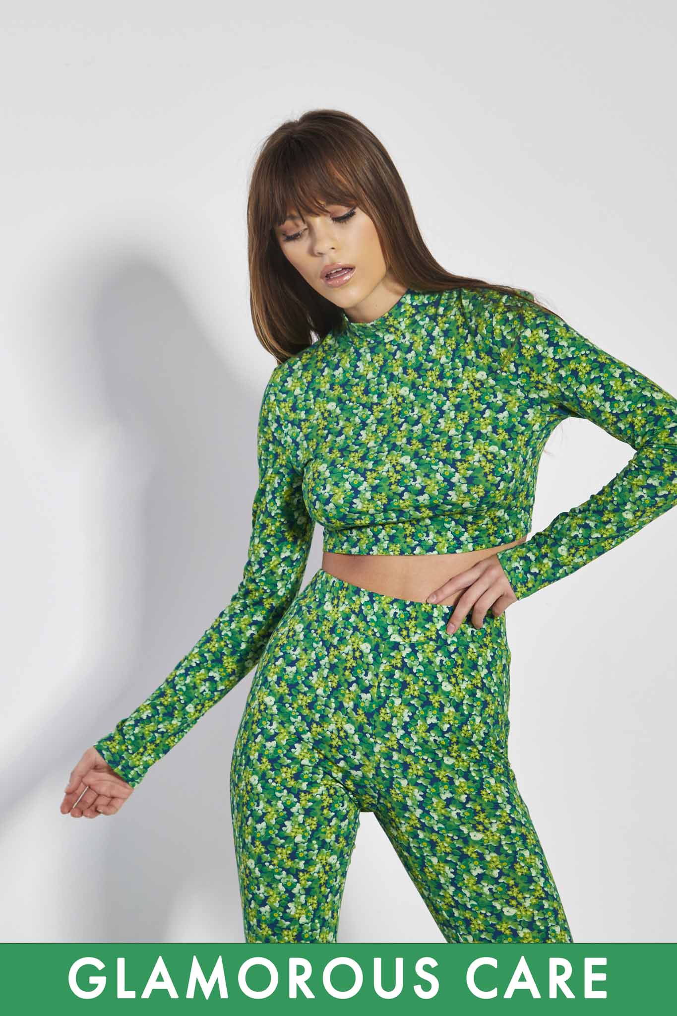Glamorous Lime Blue Floral High Neck Long Sleeve Crop Top