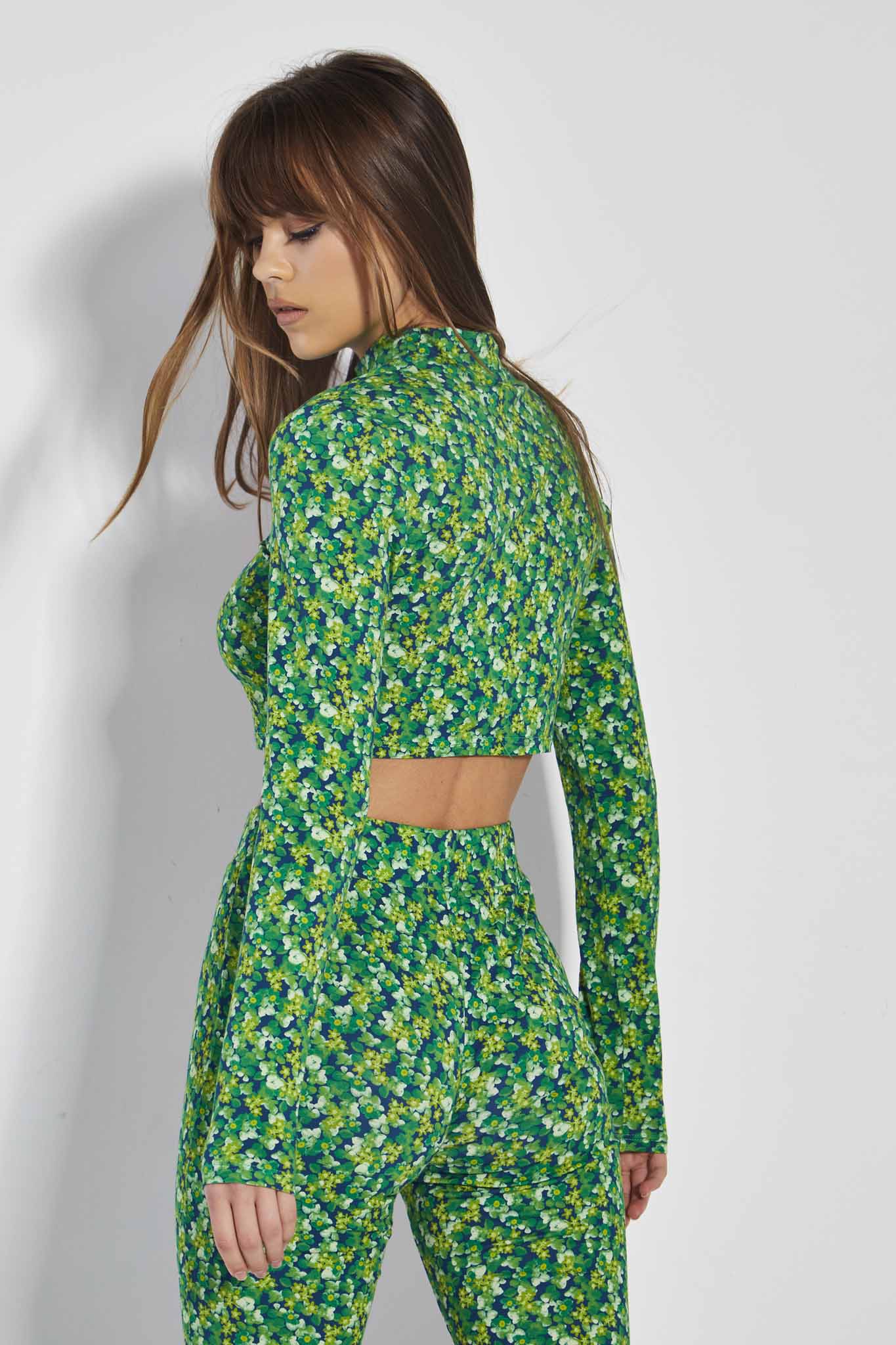 Glamorous Lime Blue Floral High Neck Long Sleeve Crop Top - Image 2