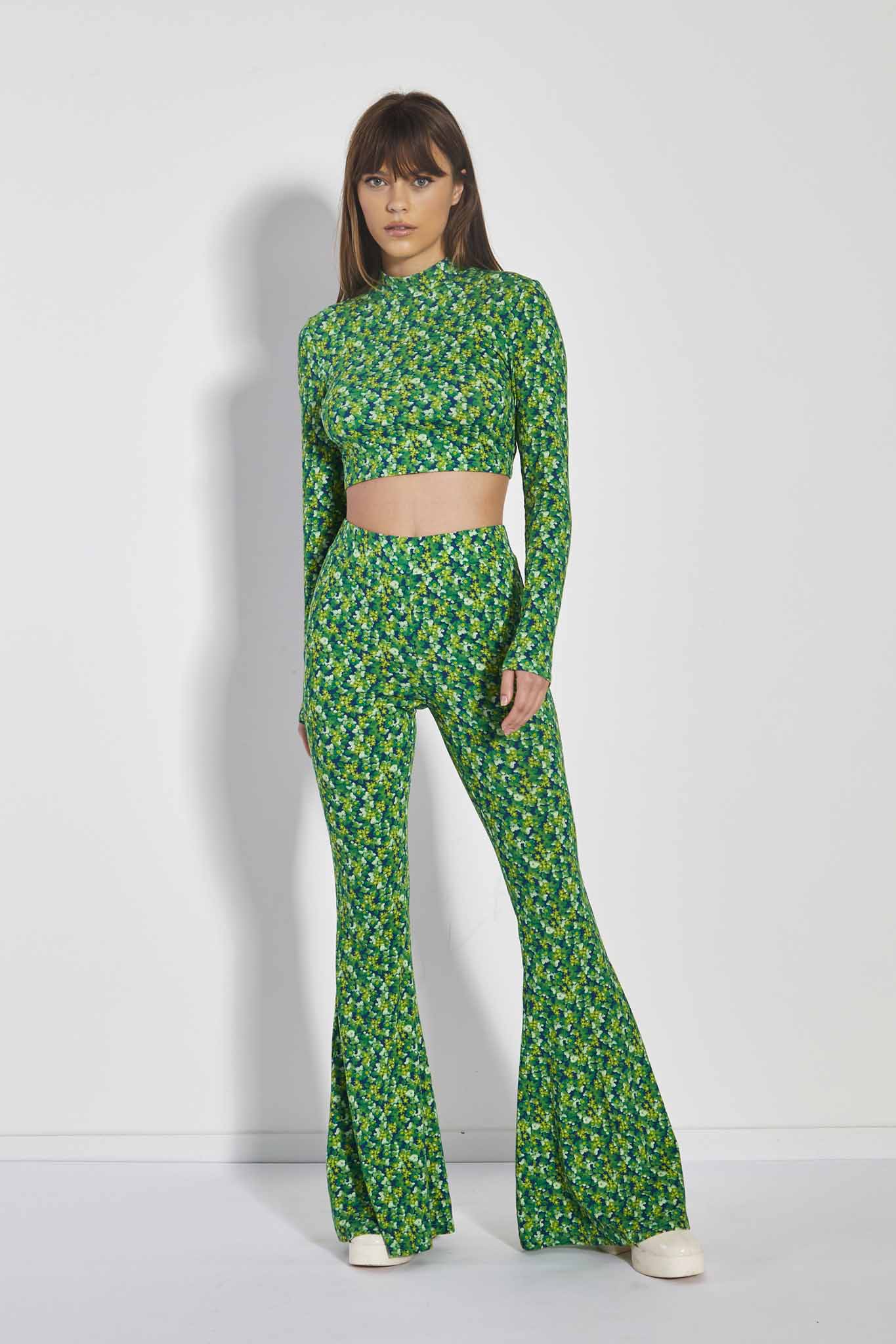 Glamorous Lime Blue Floral High Neck Long Sleeve Crop Top - Image 3