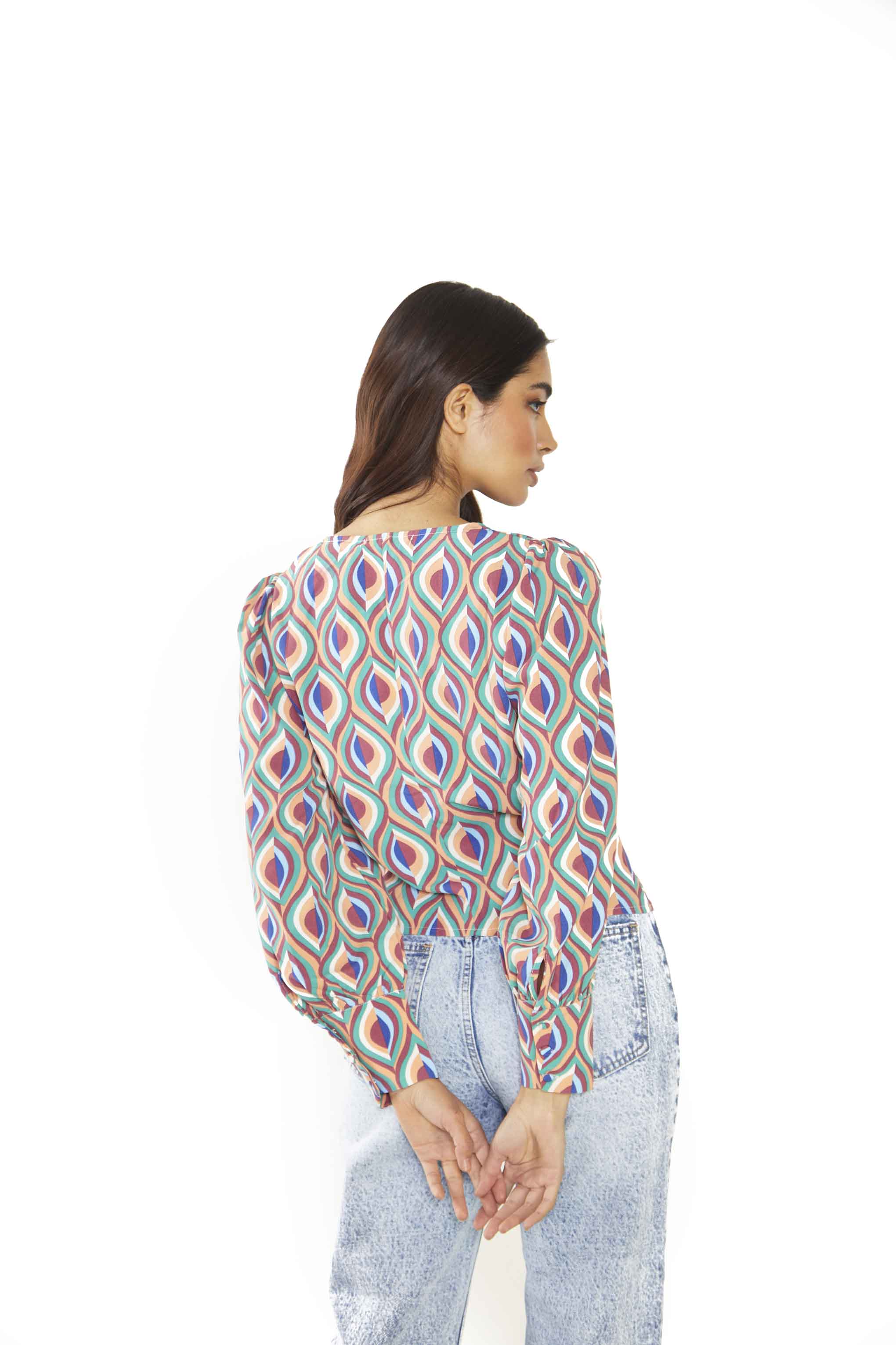 Glamorous Multi Geo Swirl V Neck Top with Button Details - Image 2
