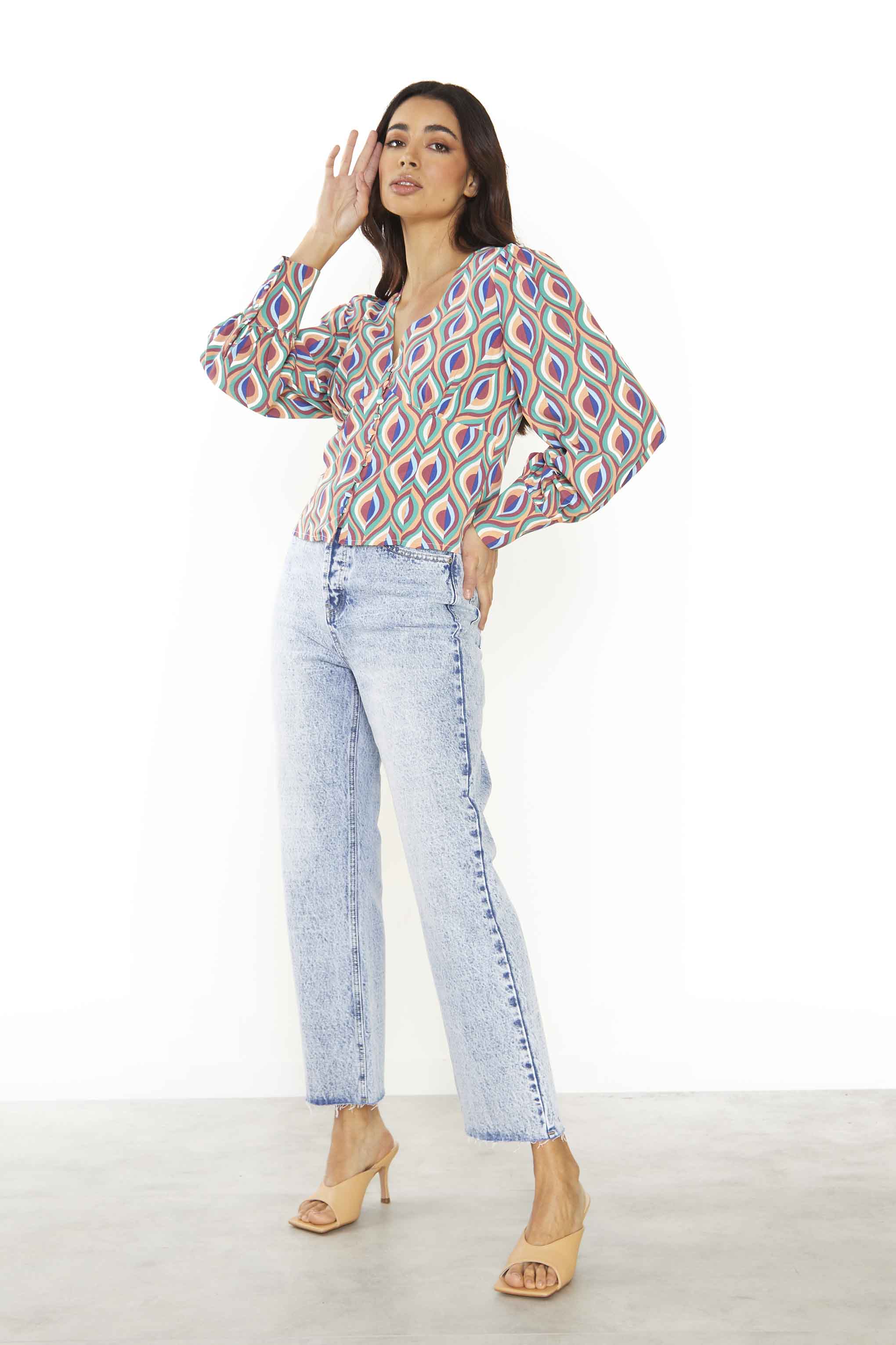 Glamorous Multi Geo Swirl V Neck Top with Button Details - Image 3