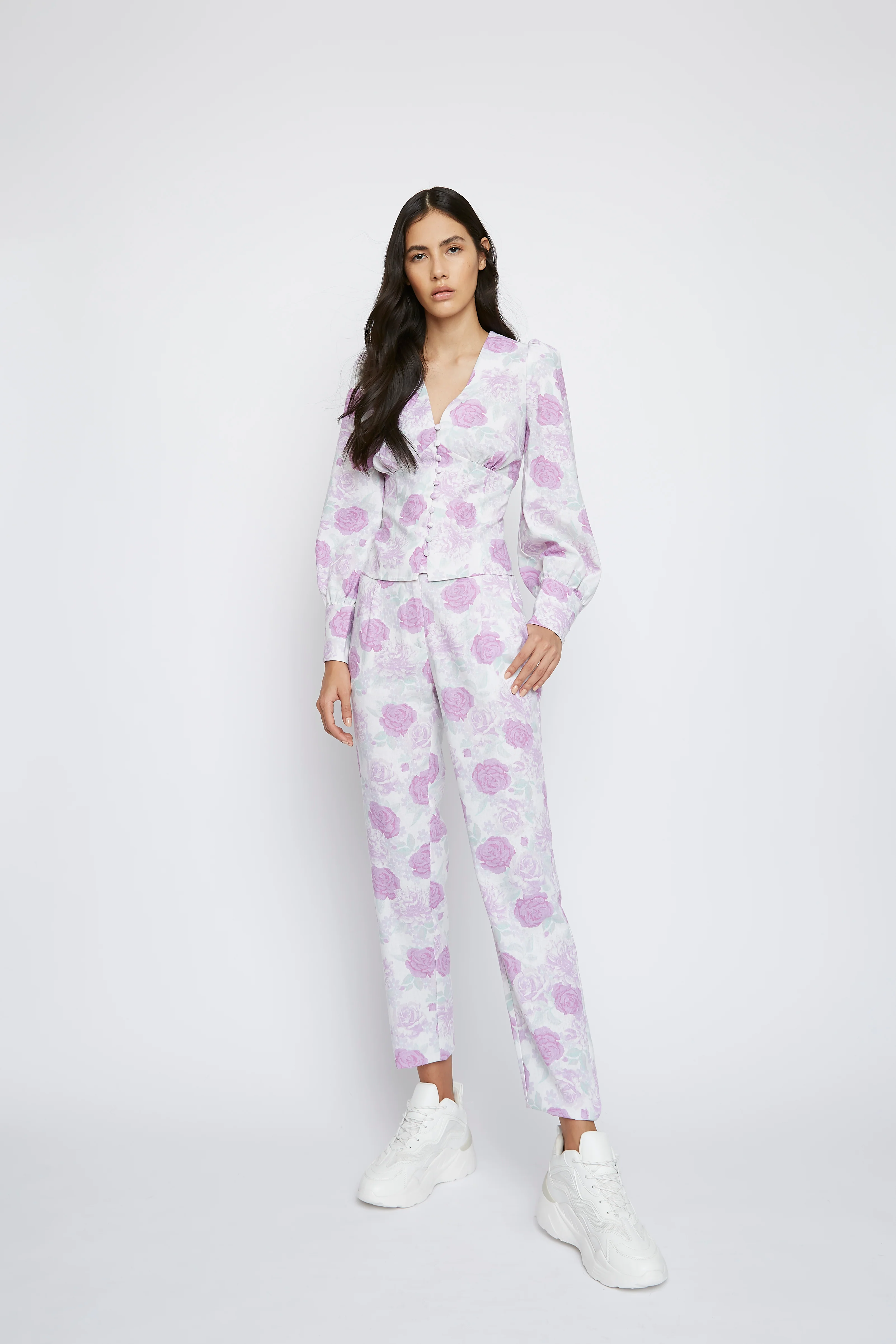 Glamorous Lilac Roses Button Front Long Sleeve Blouse - Image 2