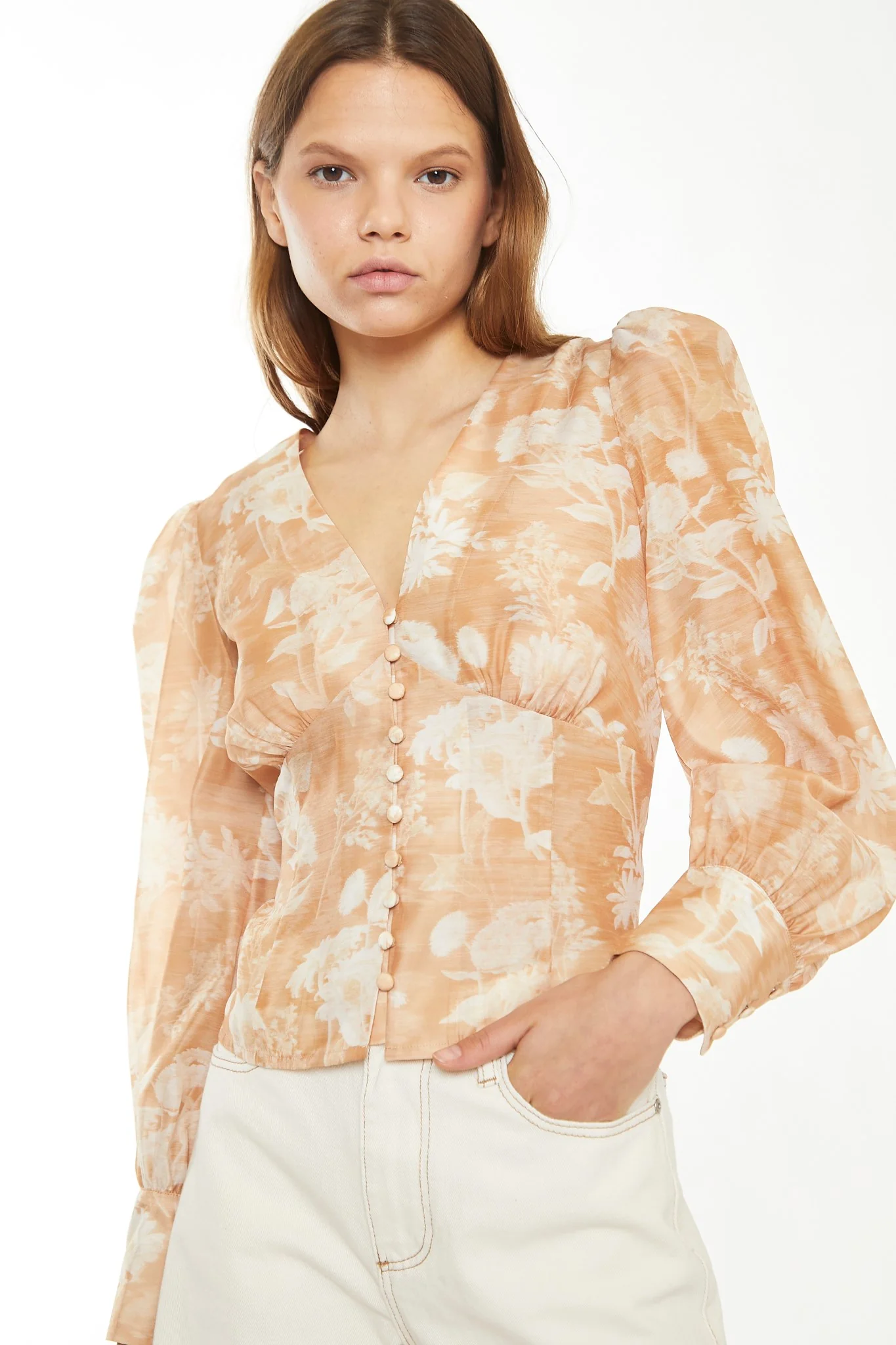 Tan White Floral Button-Front Blouse - Image 4