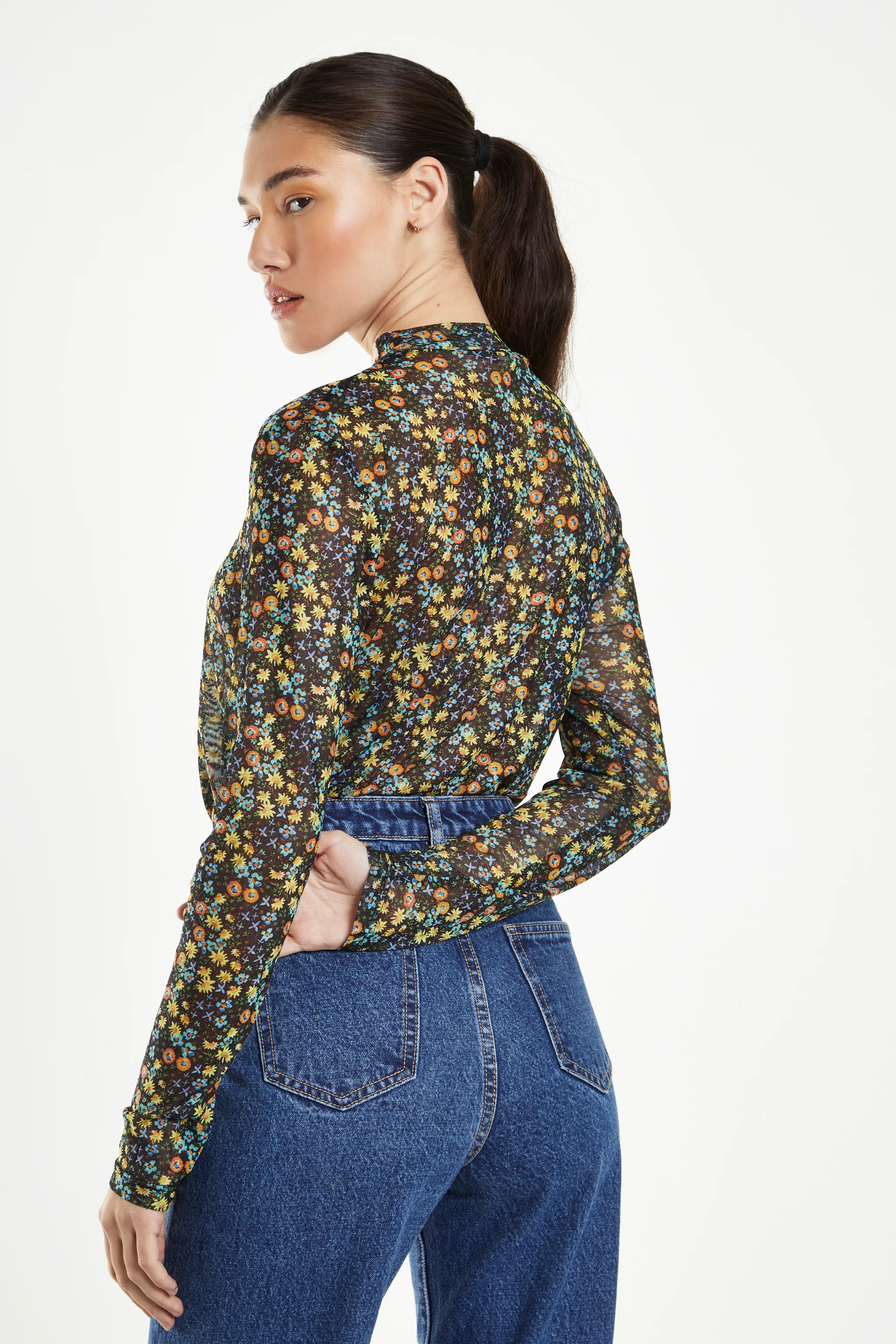Glamorous Black Multi Floral Mesh Long Sleeve Top with High Neck - Image 2