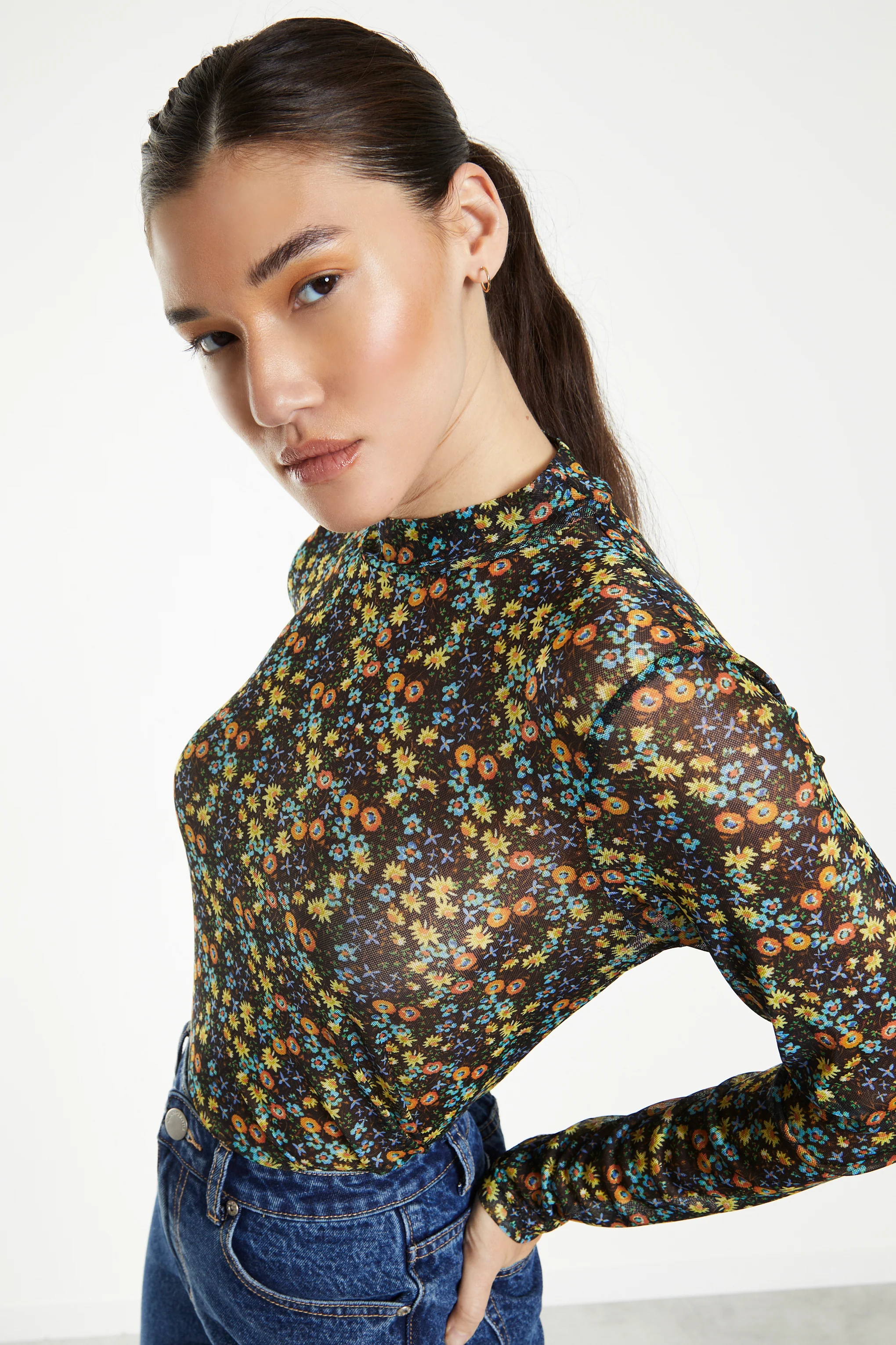 Glamorous Black Multi Floral Mesh Long Sleeve Top with High Neck - Image 3