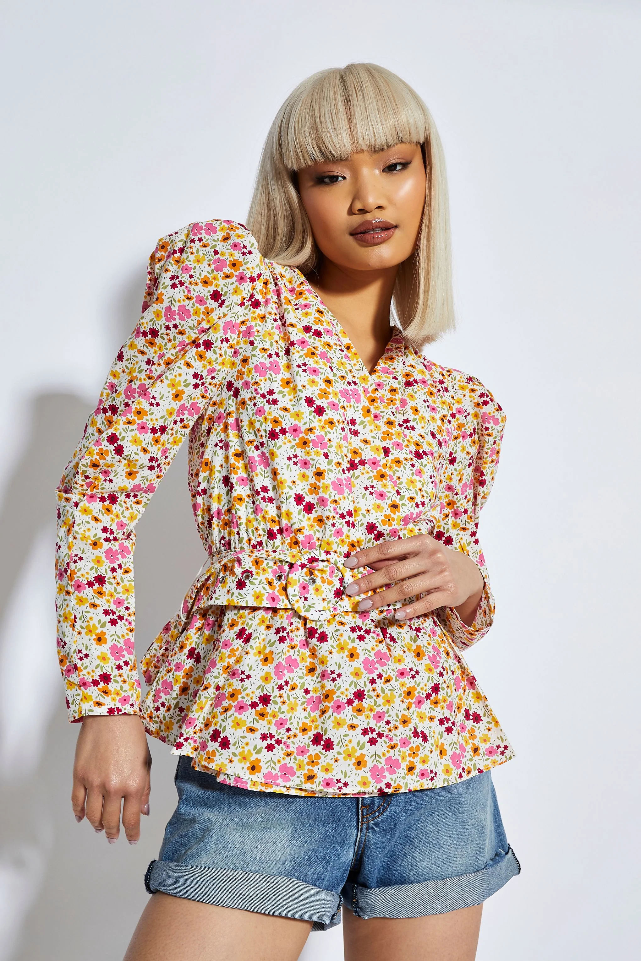 Glamorous Bold Multi Flower Puff Shoulder Belted Blouse - Image 2