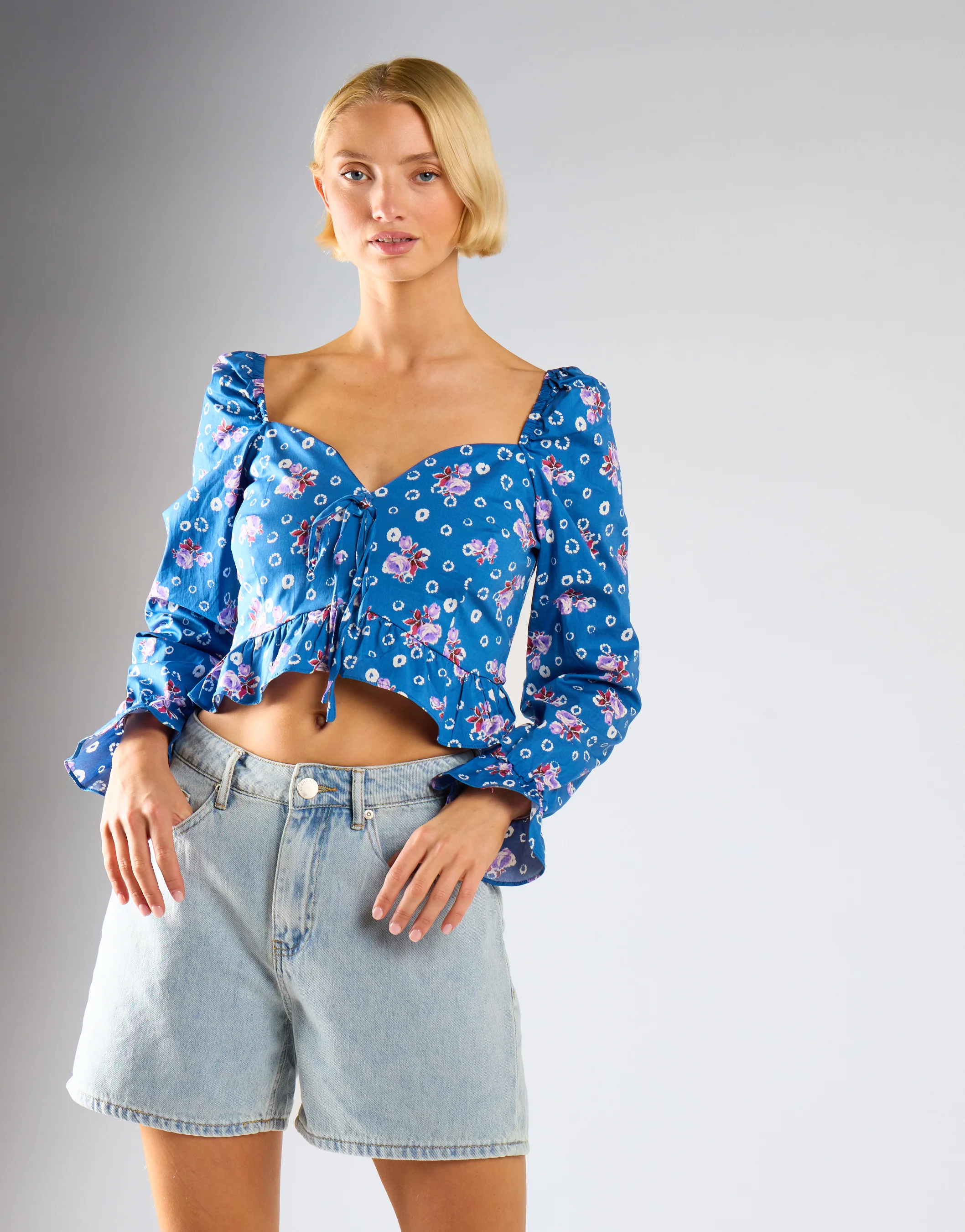 Glamorous Blue Floral Sweetheart Neckline Blouse - Image 2