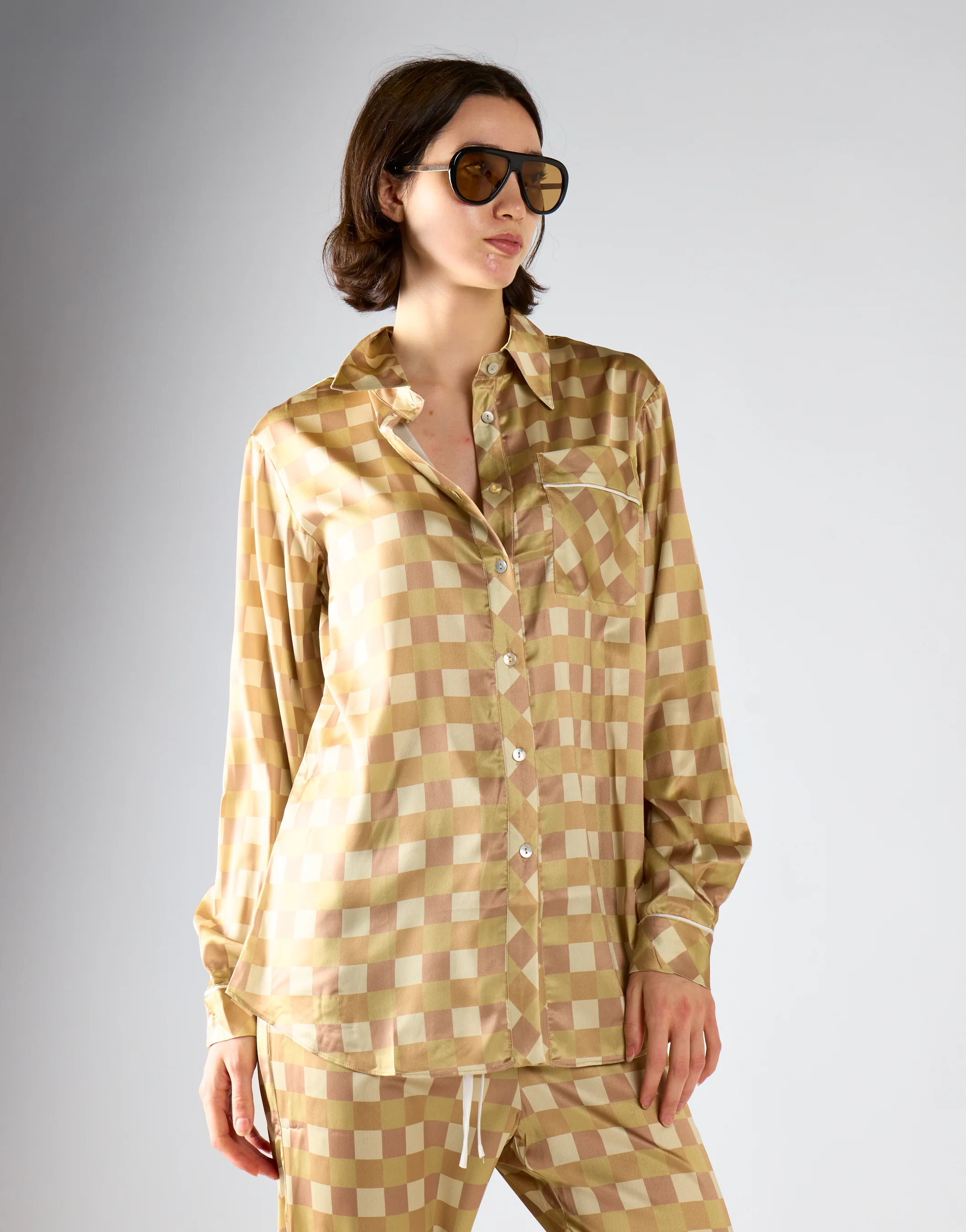 Glamorous Brown Khaki Check Oversized Pyjama Style Shirt - Image 3