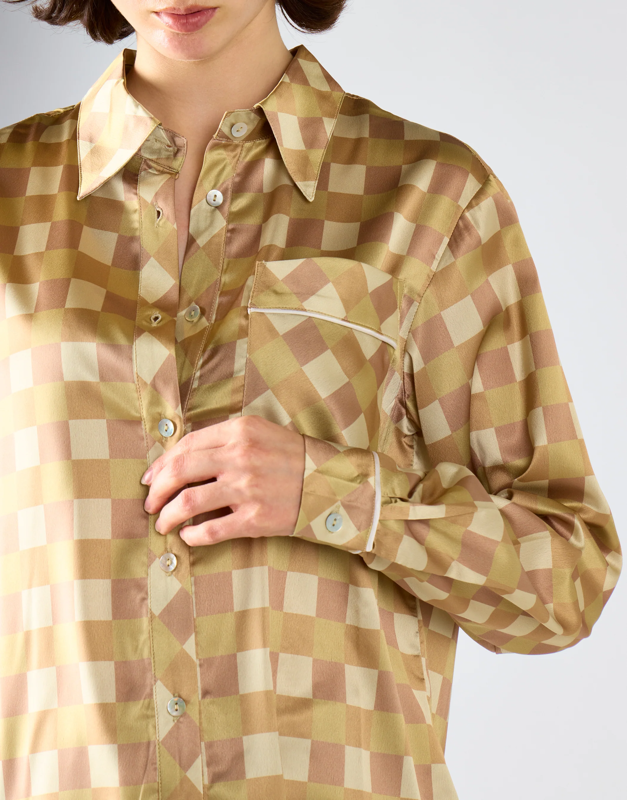 Glamorous Brown Khaki Check Oversized Pyjama Style Shirt - Image 4