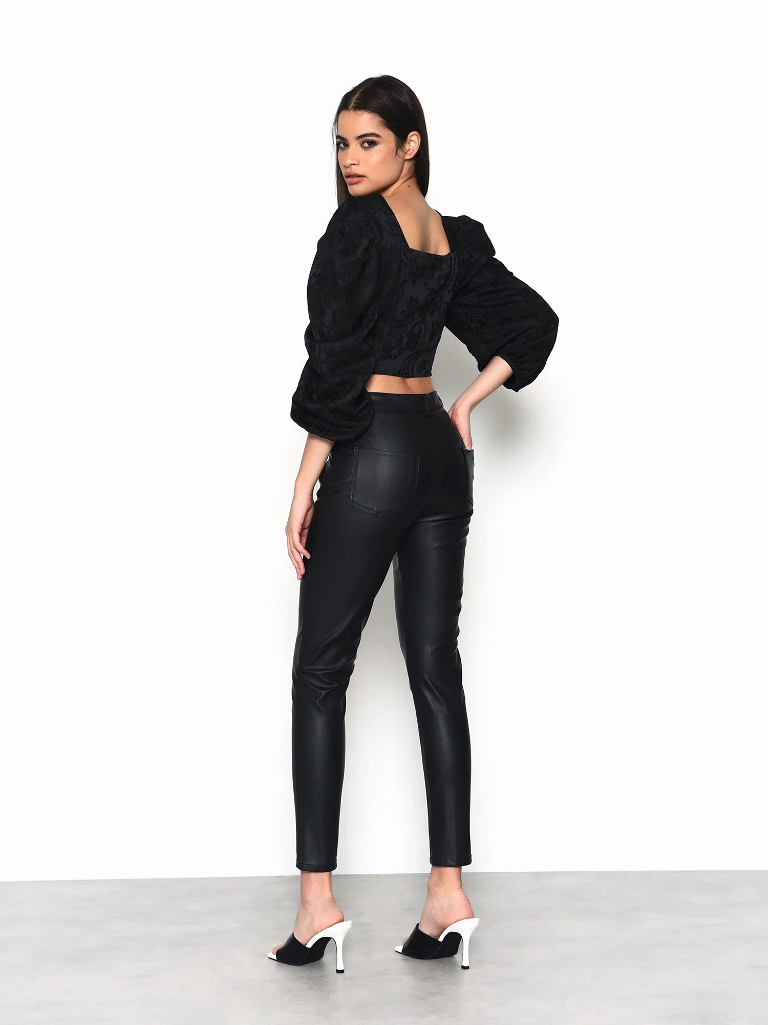 Glamorous Black Brocade Tie Neck Puff Sleeve Crop Top - Image 3