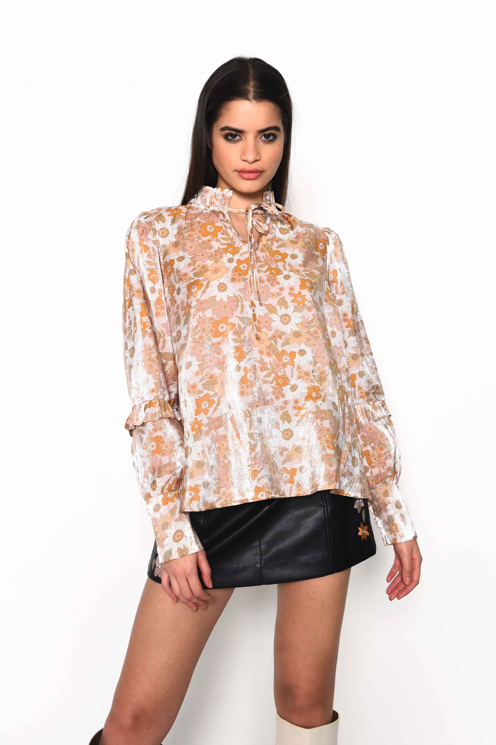 Glamorous Pink Gold Multi Floral Voluminous Fit Blouse with Neck & Sleeve Ruffle Detailing - Image 3