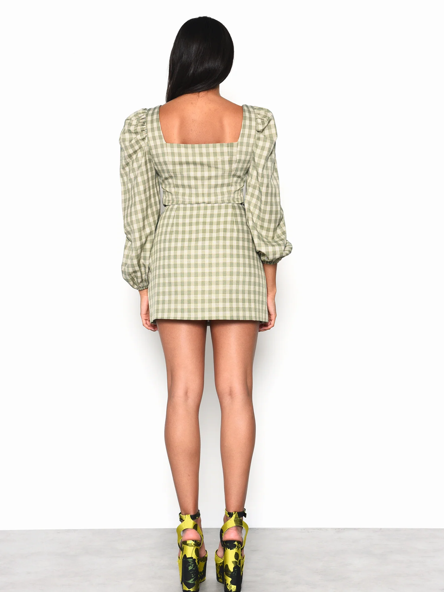 Glamorous Turquoise Multi Check Puff Sleeve Square Neck Crop Top - Image 3
