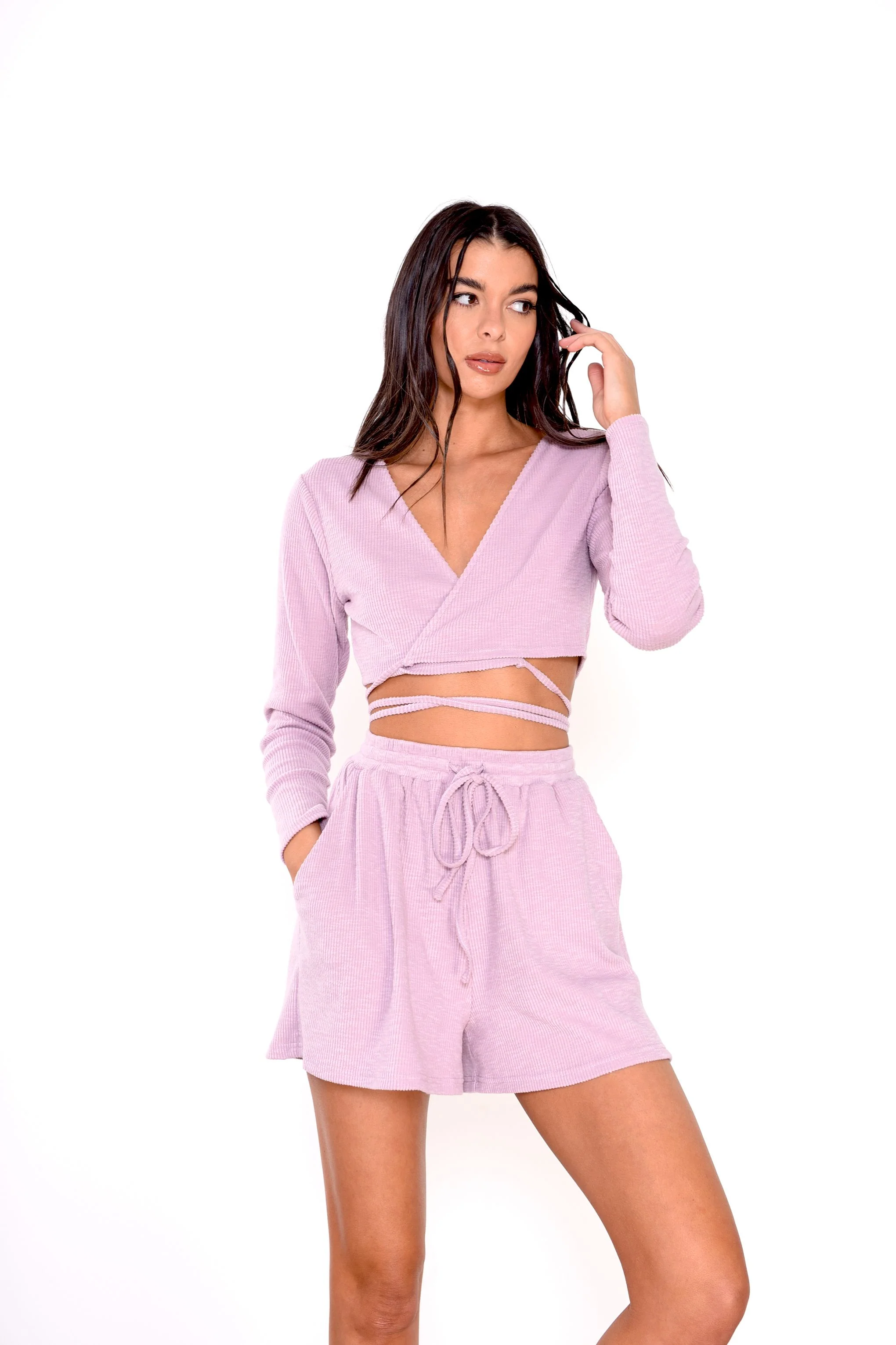 Glamorous Lilac Pink Velour Rib Wrap Crop Top - Image 3