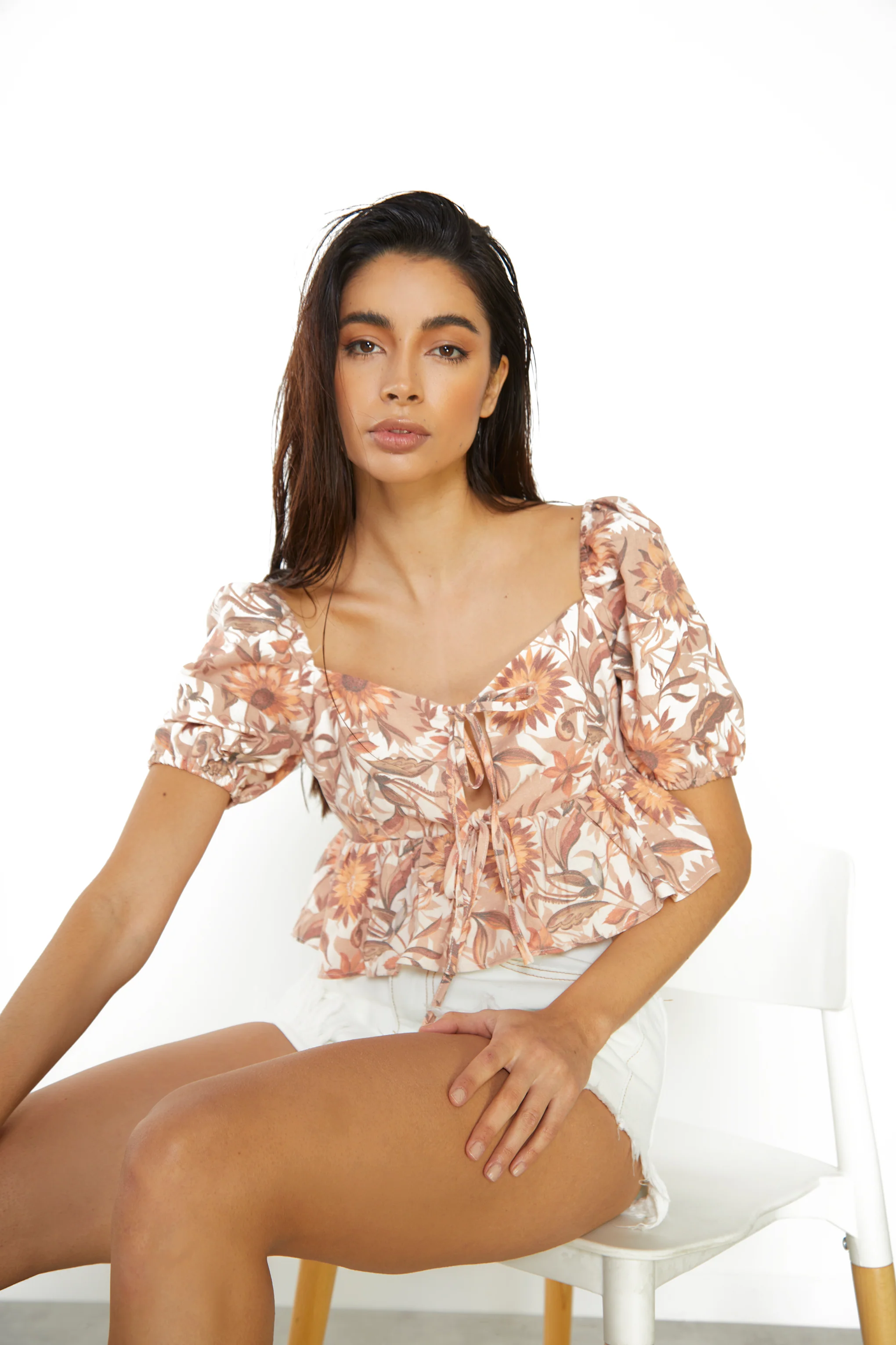 Glamorous Multi Sunflower Sweetheart Neckline Peplum Top