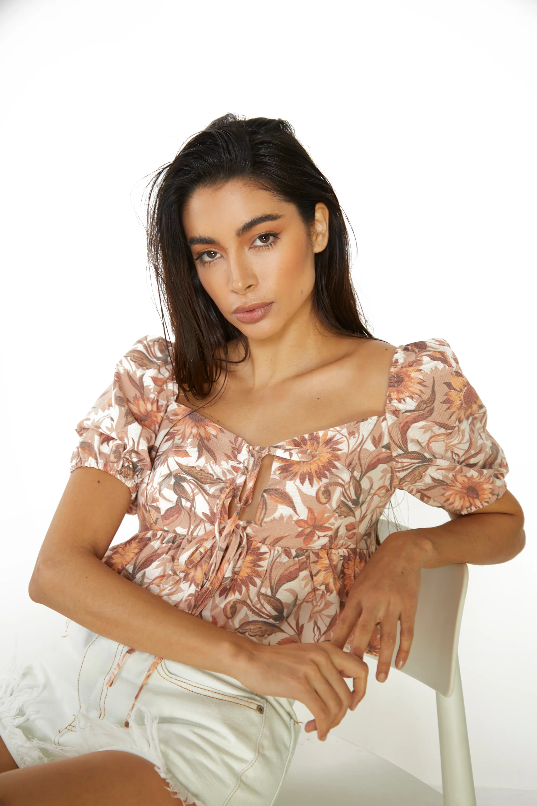 Glamorous Multi Sunflower Sweetheart Neckline Peplum Top - Image 4