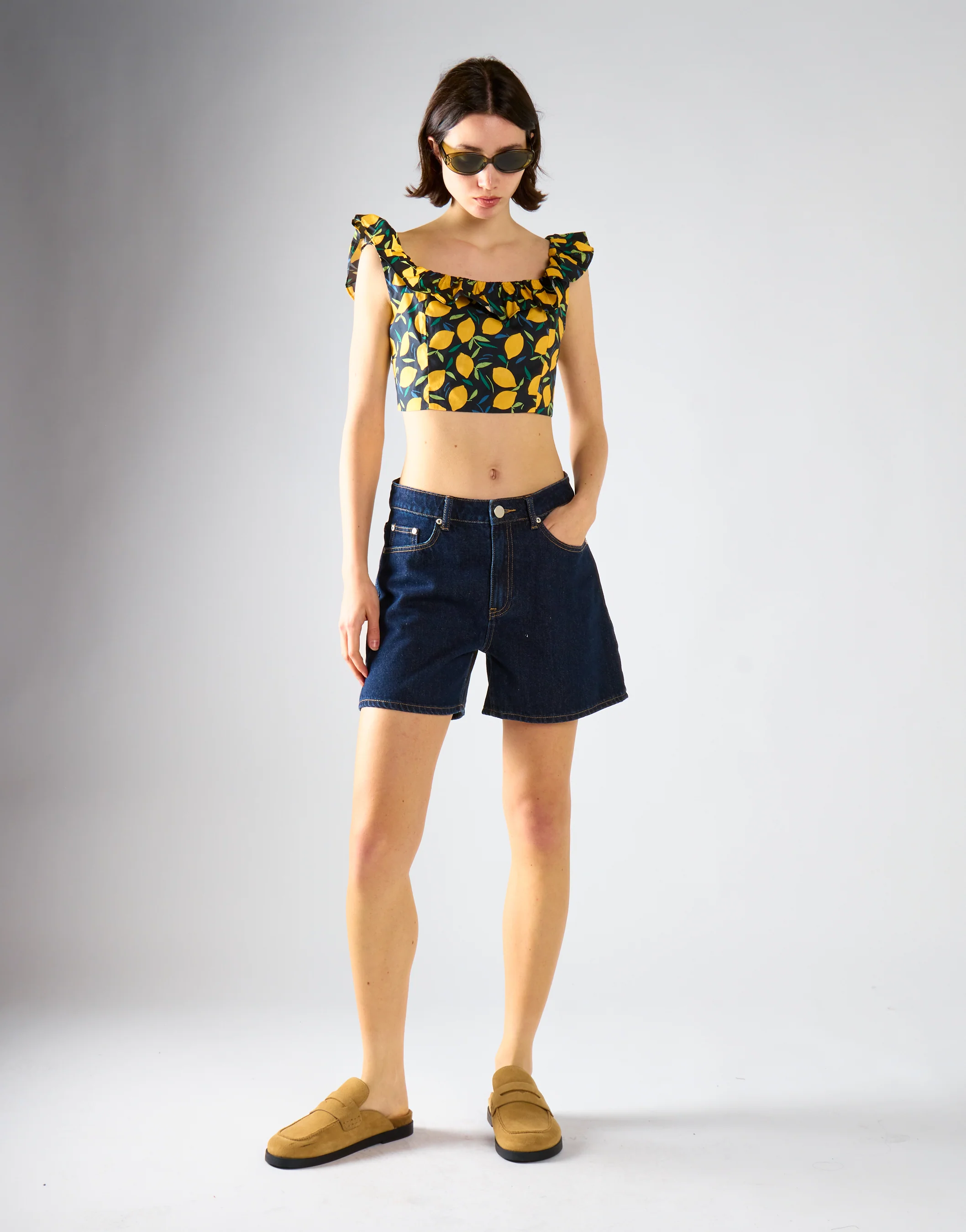 Lemon Print Square Neck Ruffle Crop Top