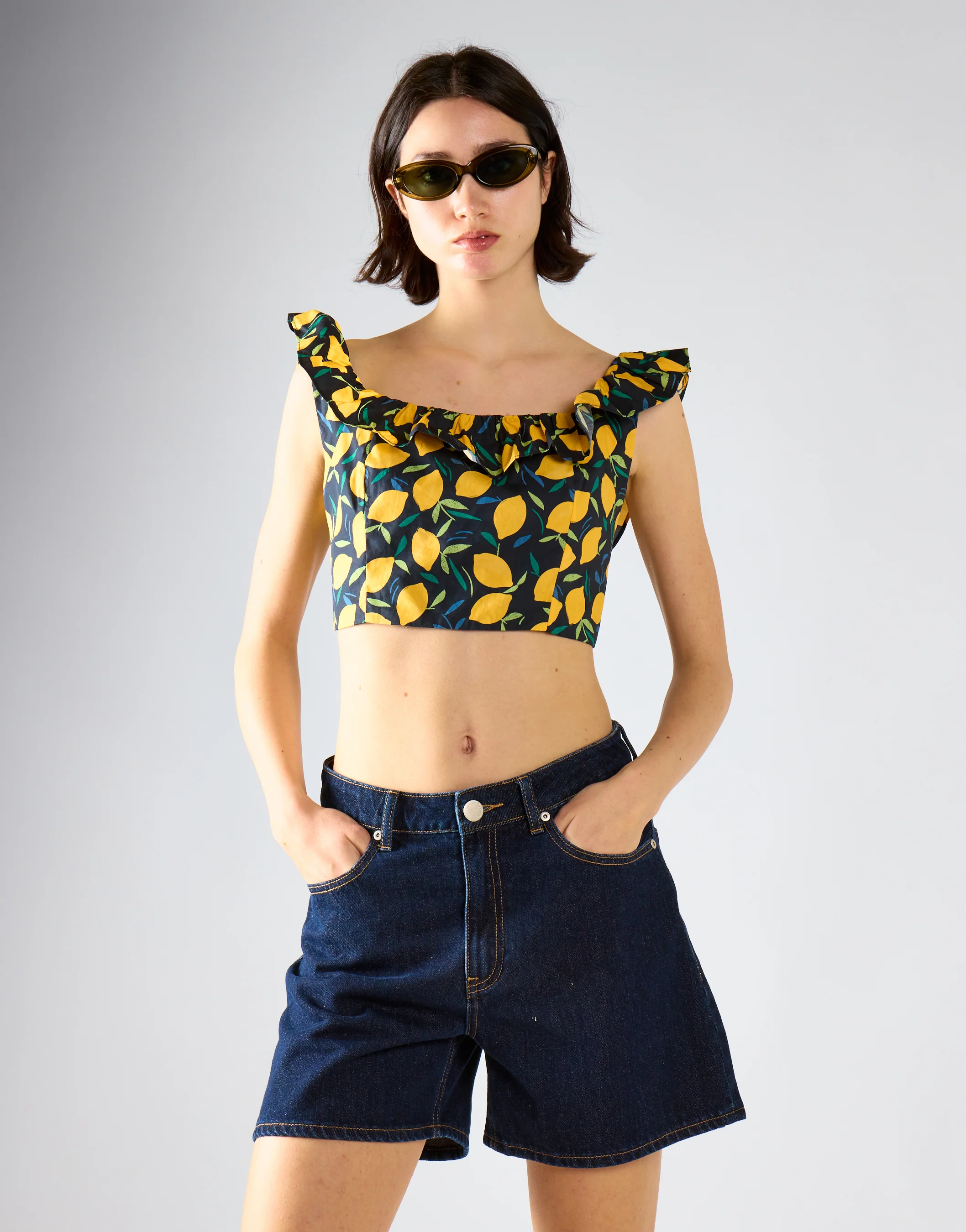 Lemon Print Square Neck Ruffle Crop Top - Image 3