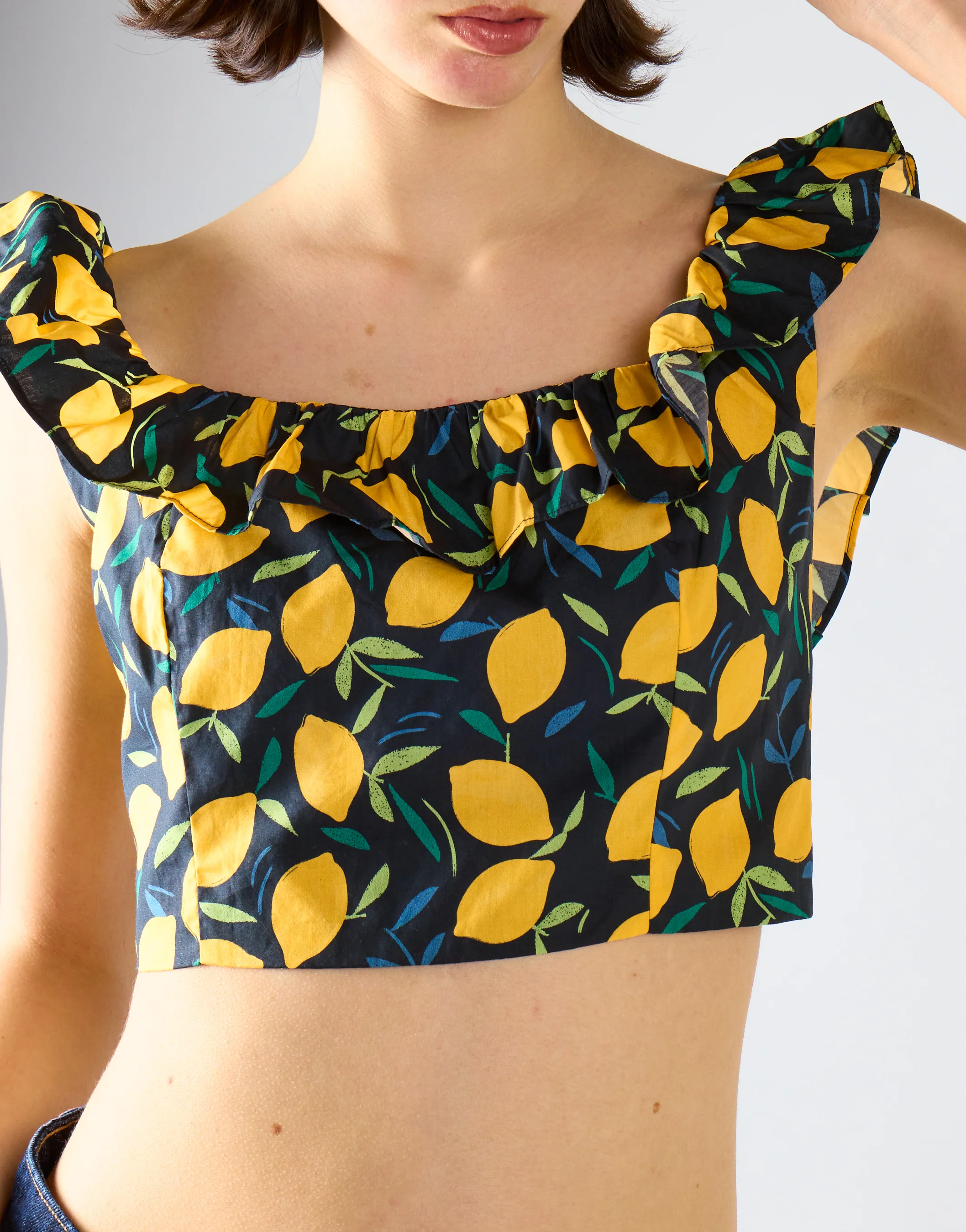 Lemon Print Square Neck Ruffle Crop Top - Image 4