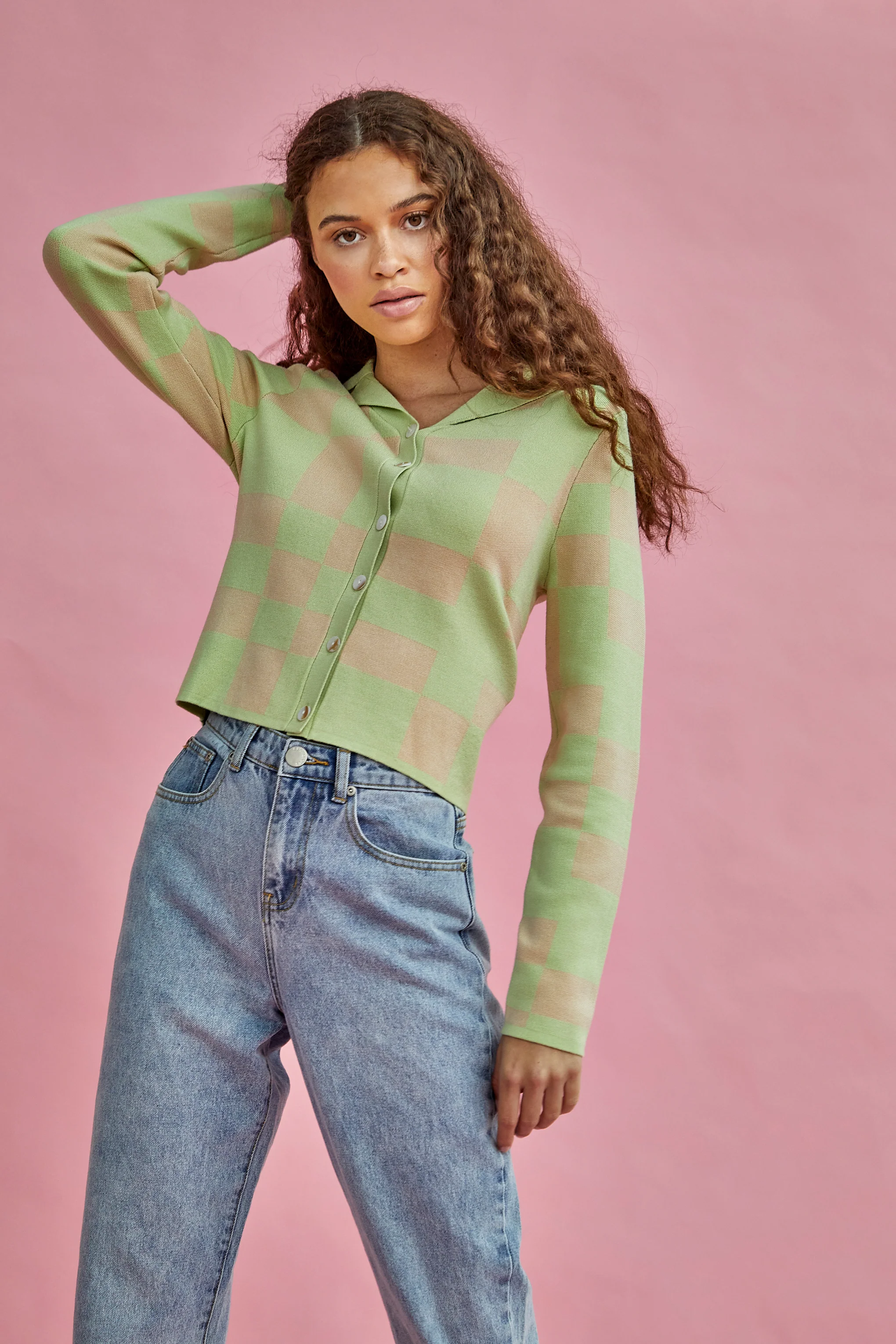 Glamorous Lily Green Stone Button Through Long Sleeve Top - Image 2