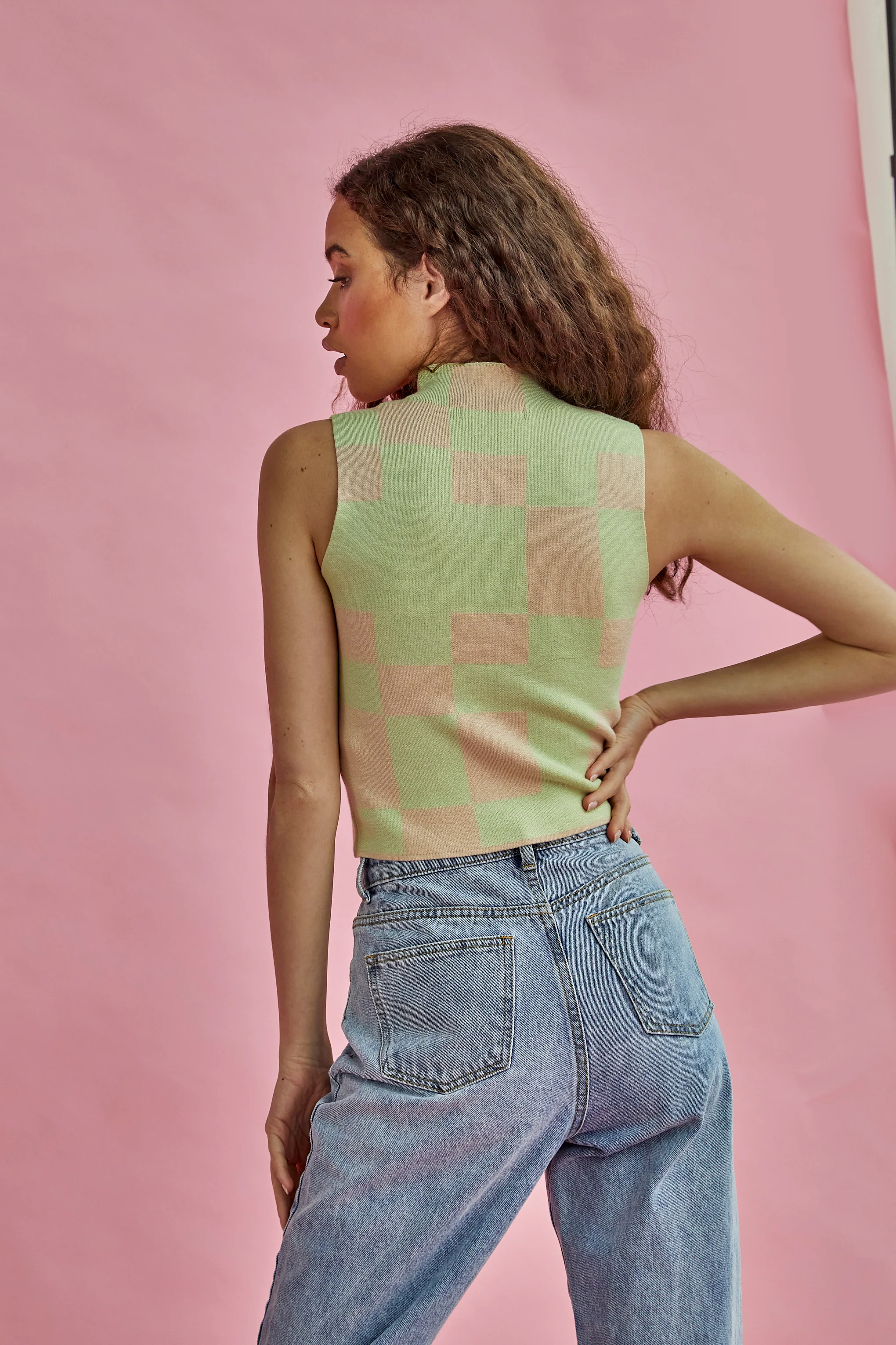Glamorous Lily Green Stone High Neck Intarsia Tank Top - Image 3