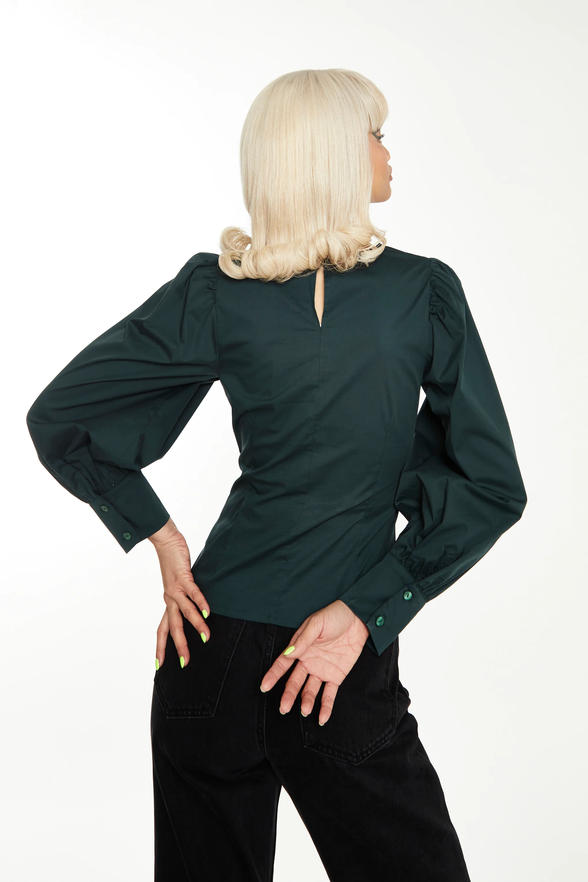 Glamorous Dark Green Puff Sleeve Fitted Top - Image 2