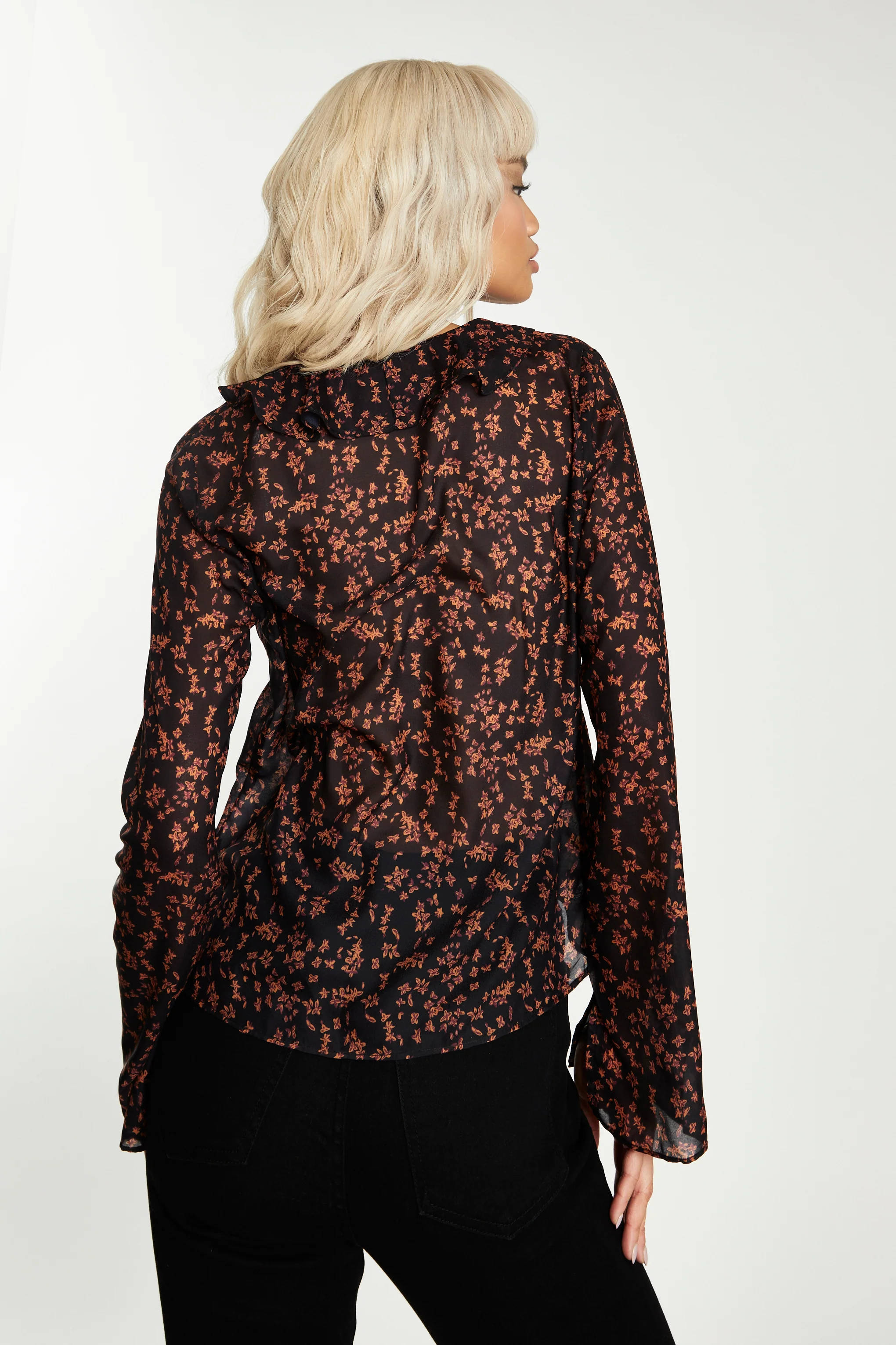 Glamorous Black Orange Floral Tie Front Blouse - Image 2