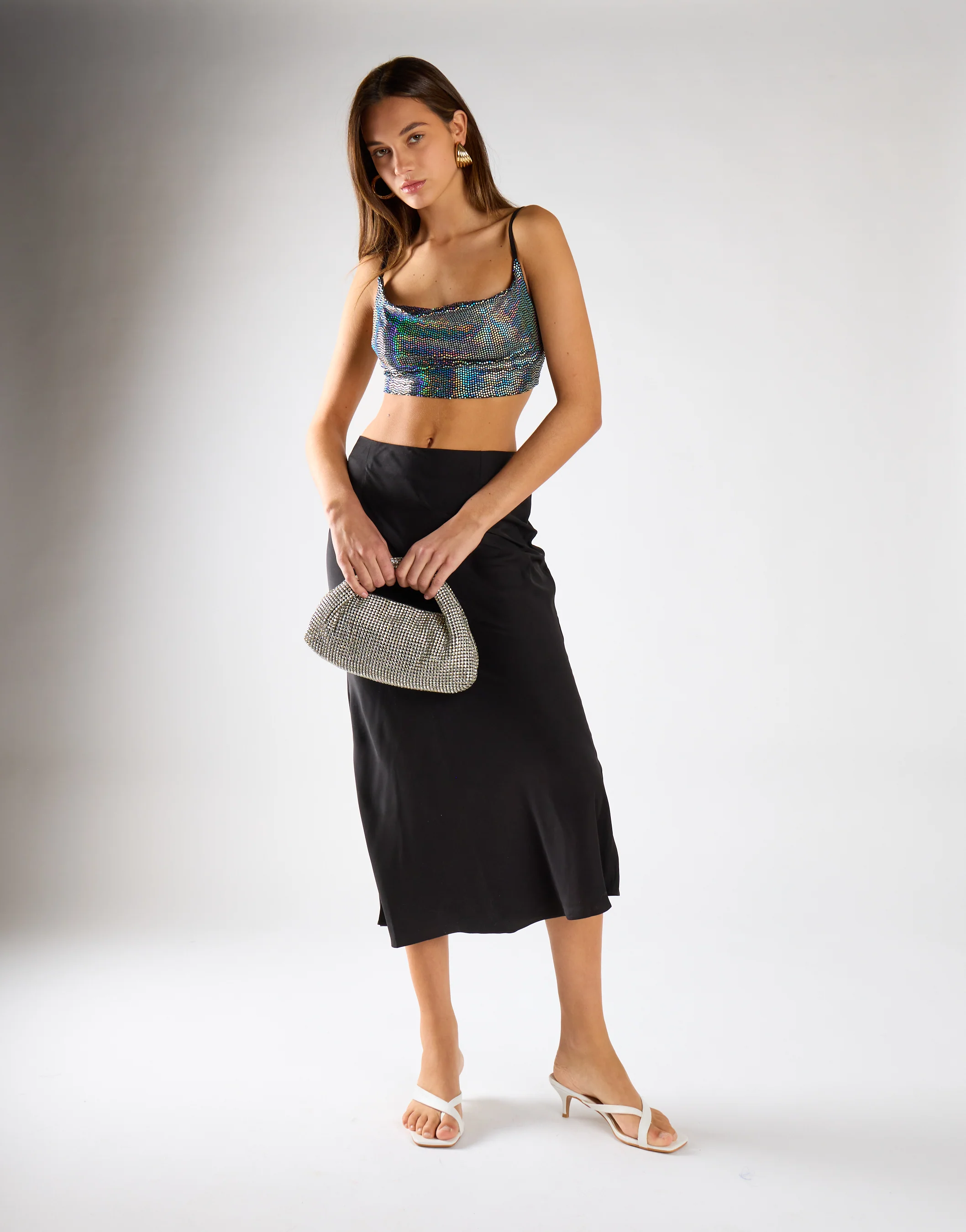 Silver Holographic Cowl Neck Crop Top