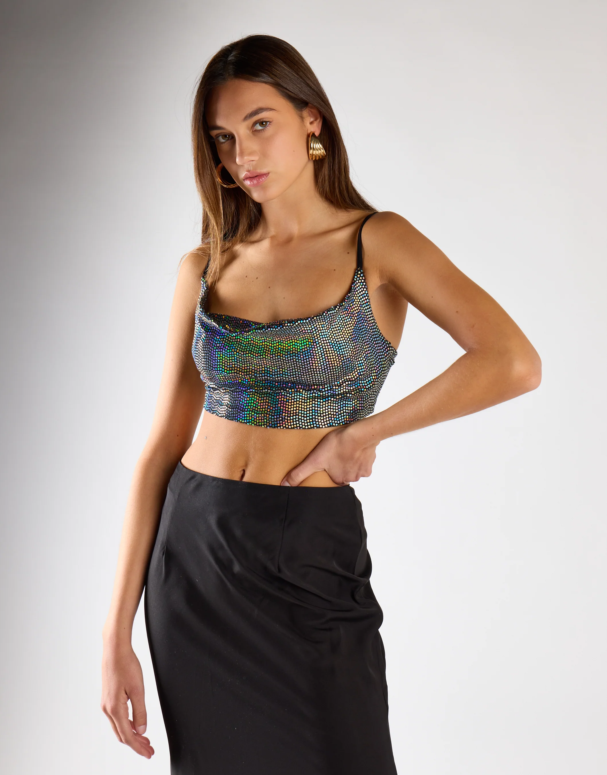 Silver Holographic Cowl Neck Crop Top - Image 3