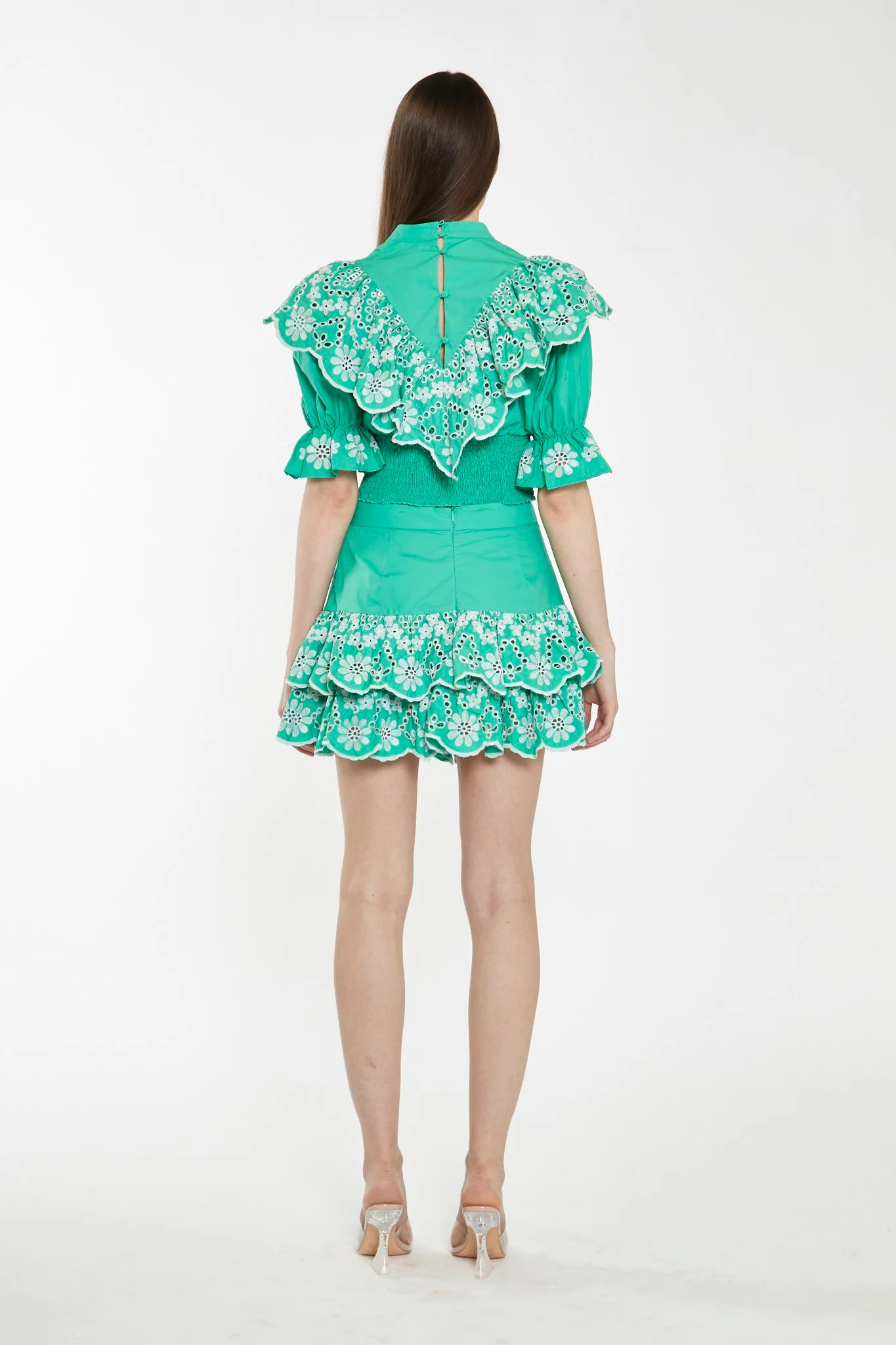 Green Broderie Ruffle Crop Top - Image 2