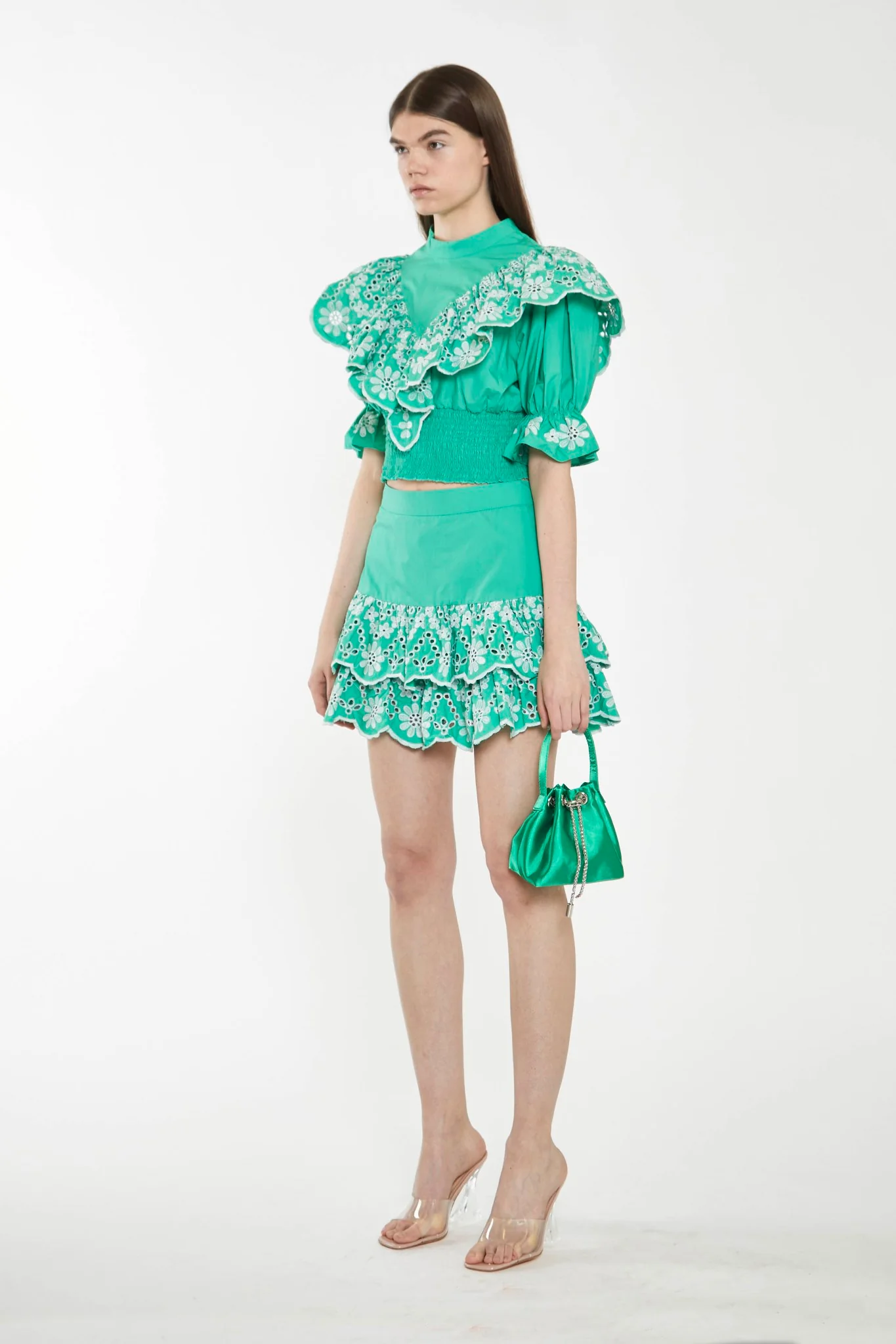 Green Broderie Ruffle Crop Top - Image 3