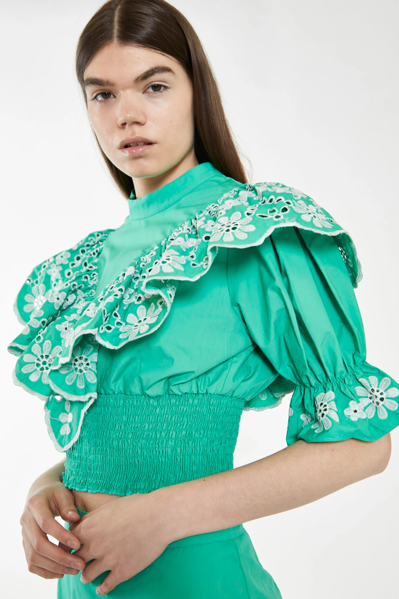 Green Broderie Ruffle Crop Top - Image 4