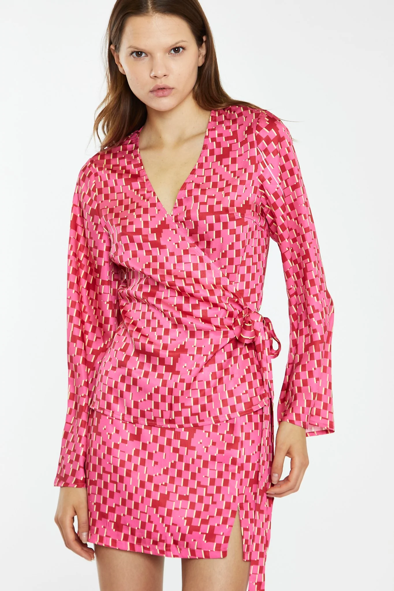 Pink Multi-Square Fluted Sleeve Wrap Top - Image 3