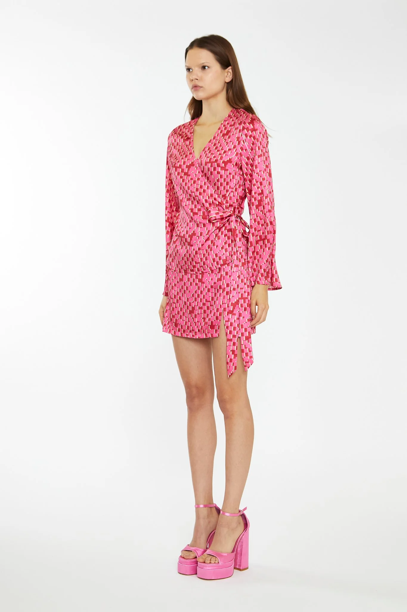 Pink Multi-Square Fluted Sleeve Wrap Top - Image 4