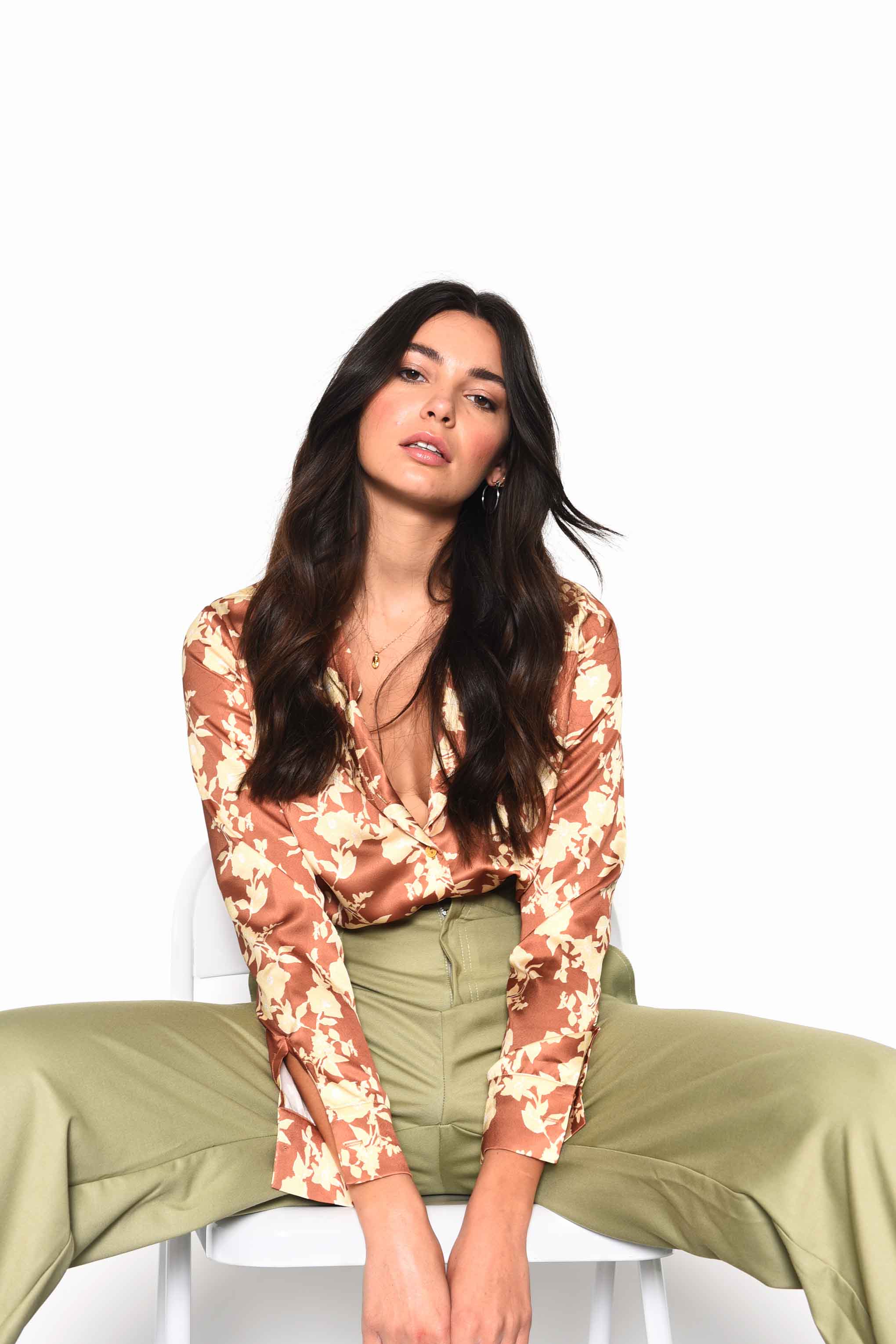 Glamorous Tan Yellow Floral Long Sleeve Button Down Shirt - Image 3