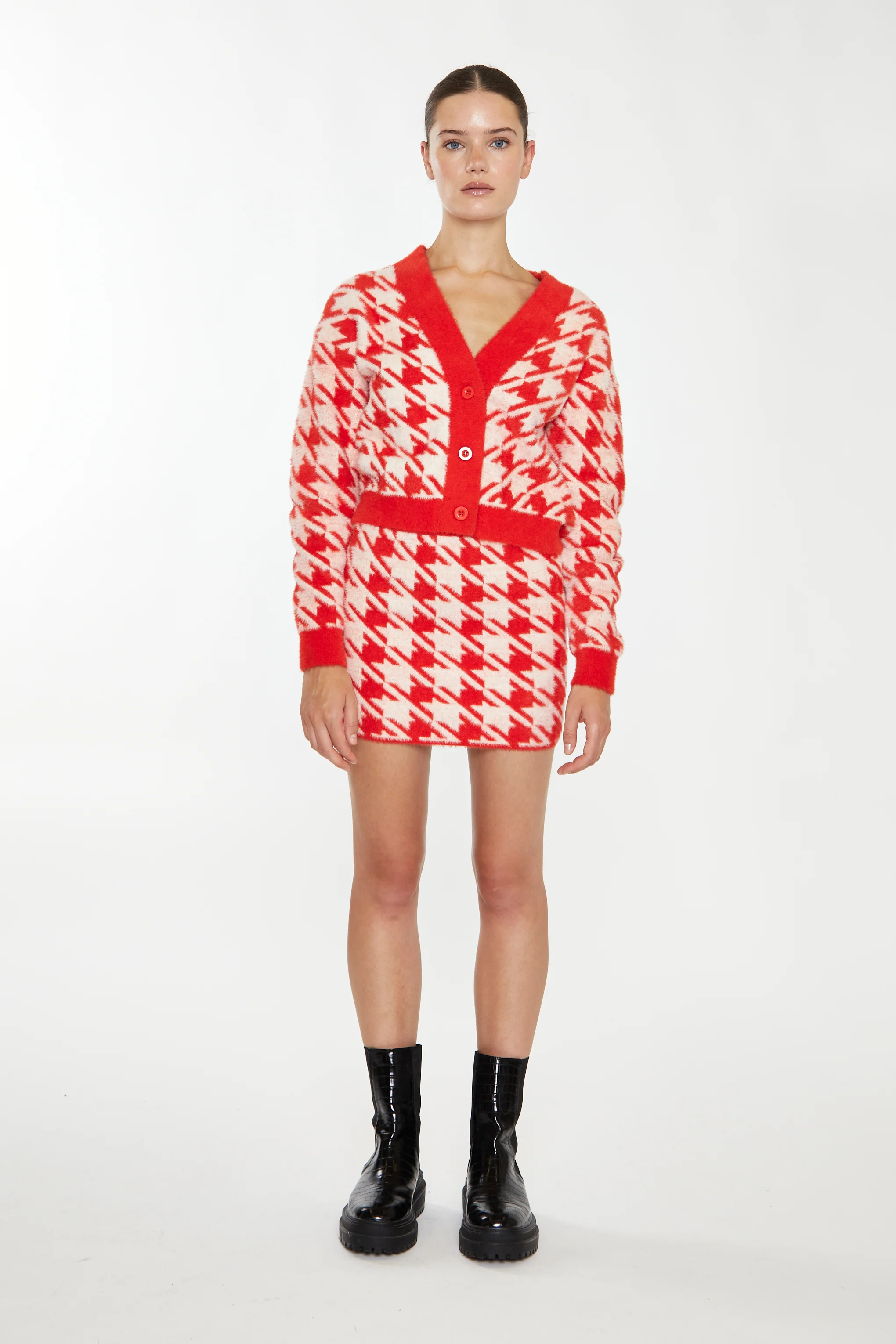 Glamorous Orange Cream Dogtooth Print Crop Cardigan - Image 2