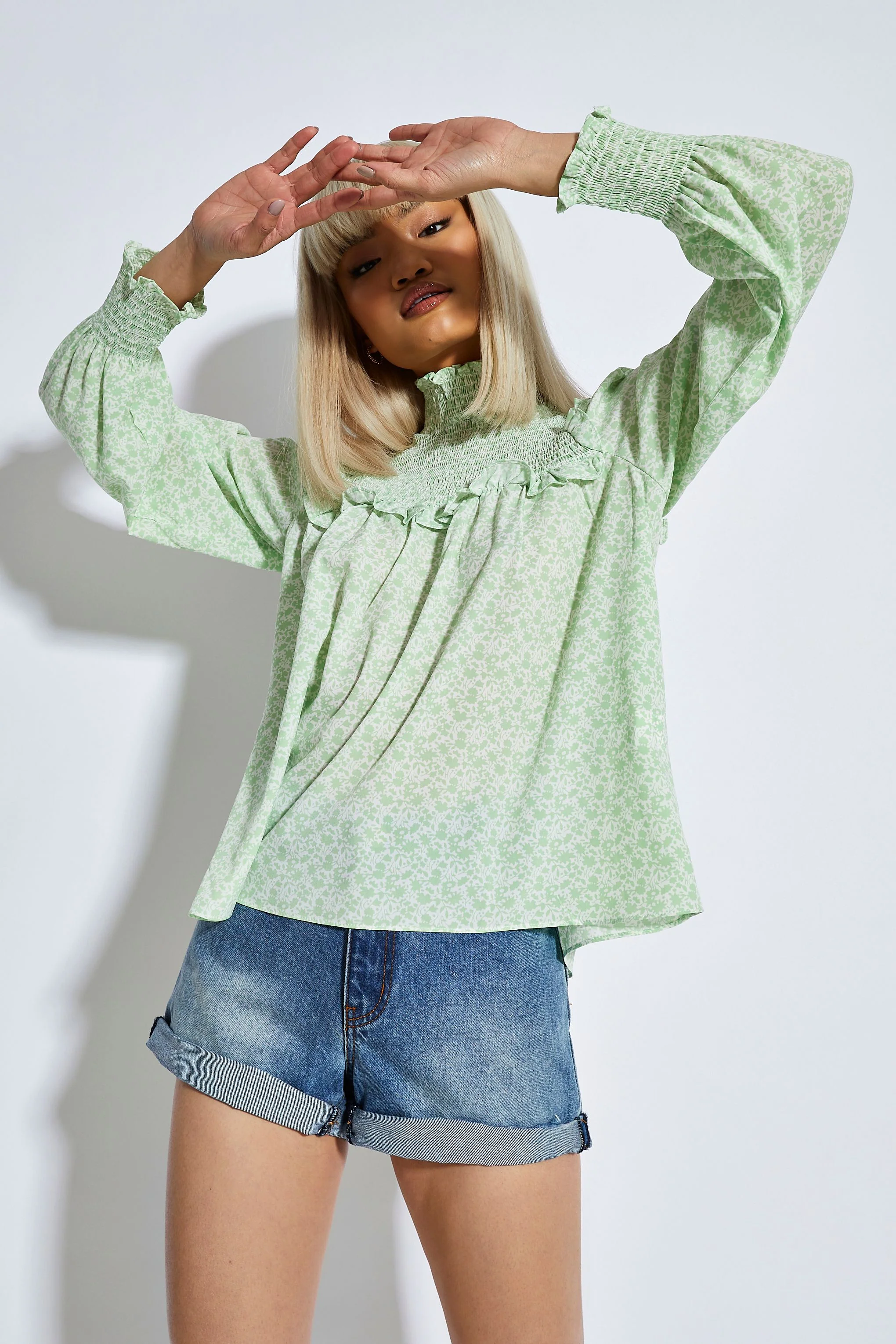 White Mint Ditsy High Neck Blouse - Image 2