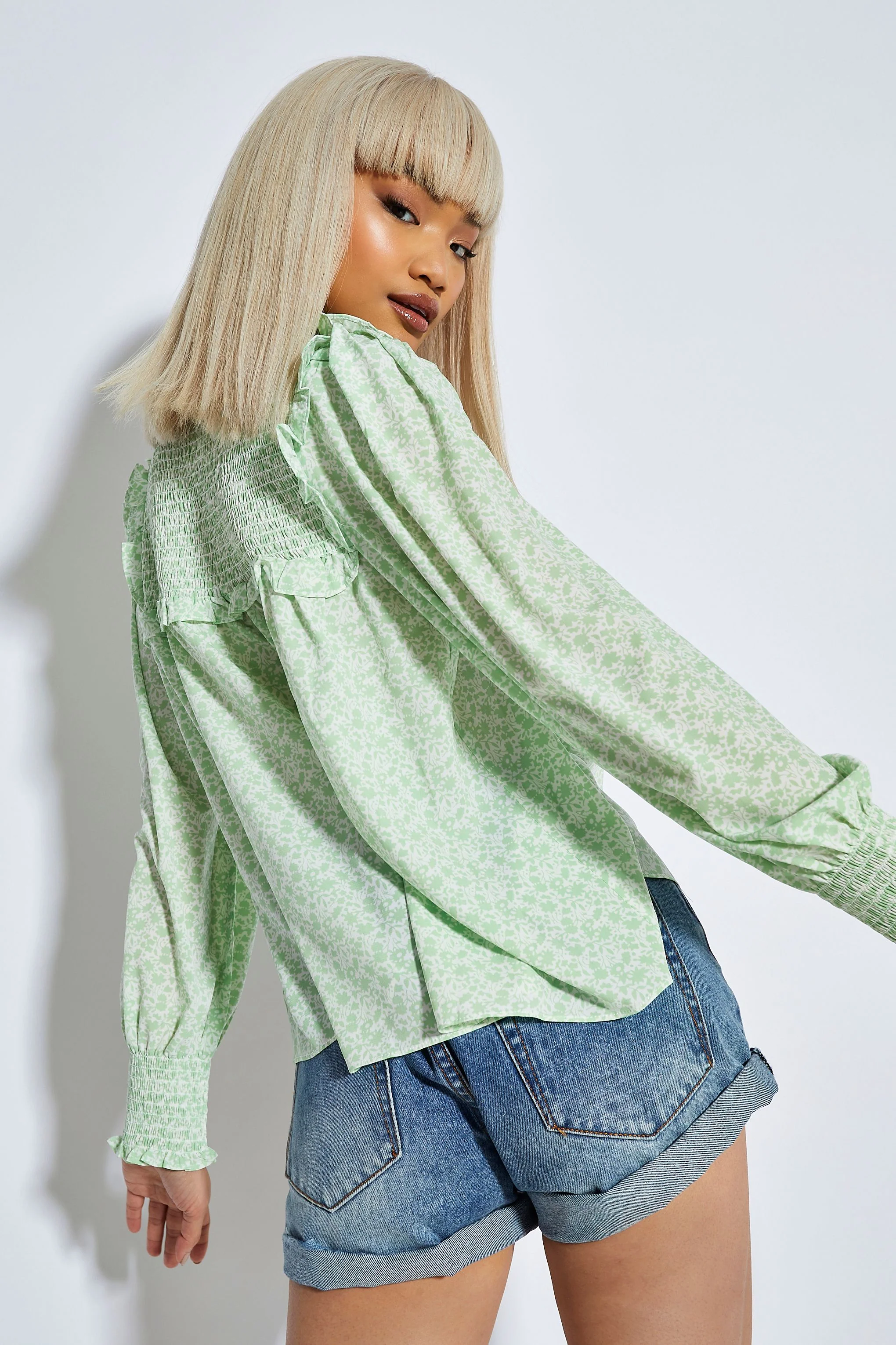 White Mint Ditsy High Neck Blouse - Image 3