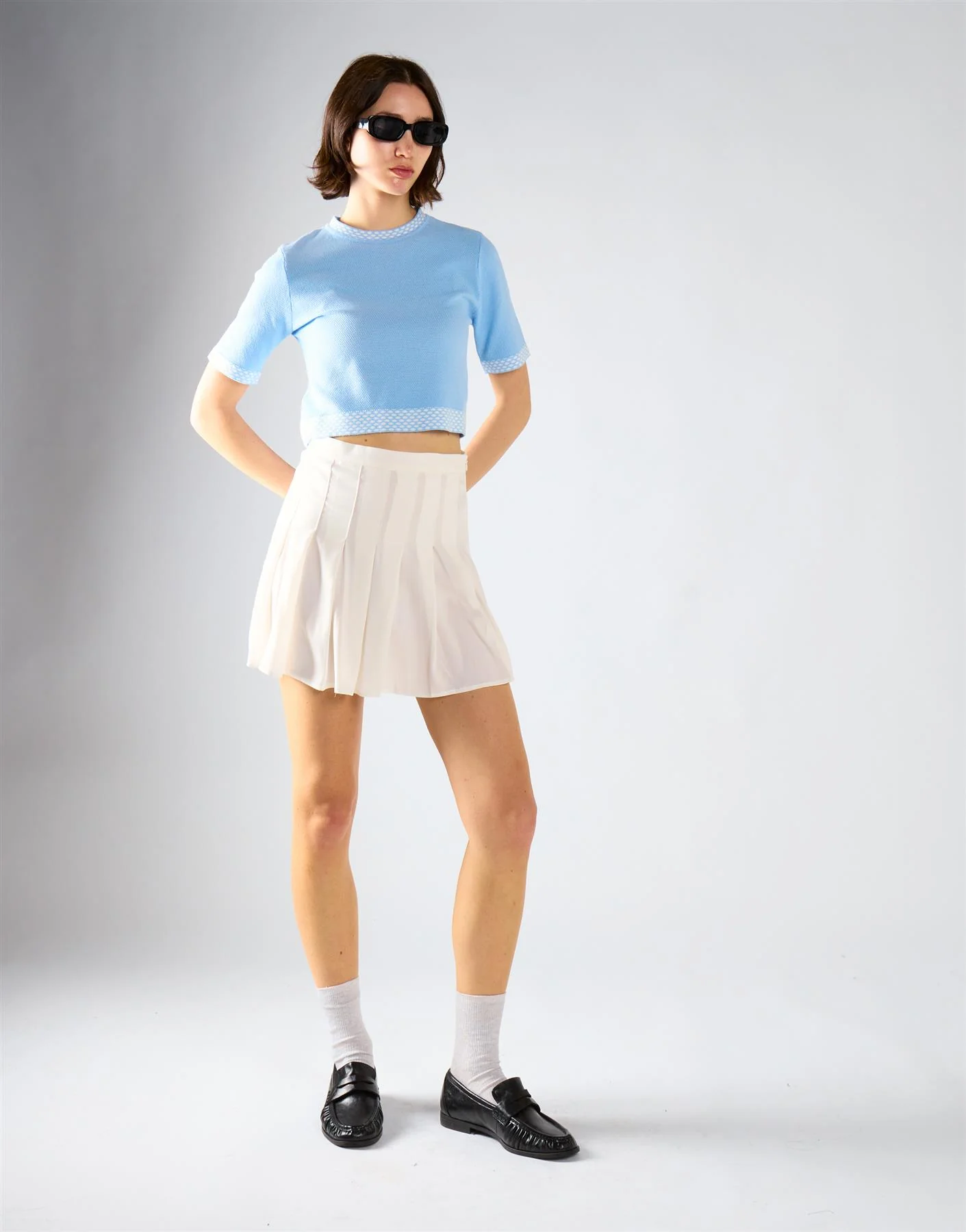 Light Blue White Trim Detail Crop Top