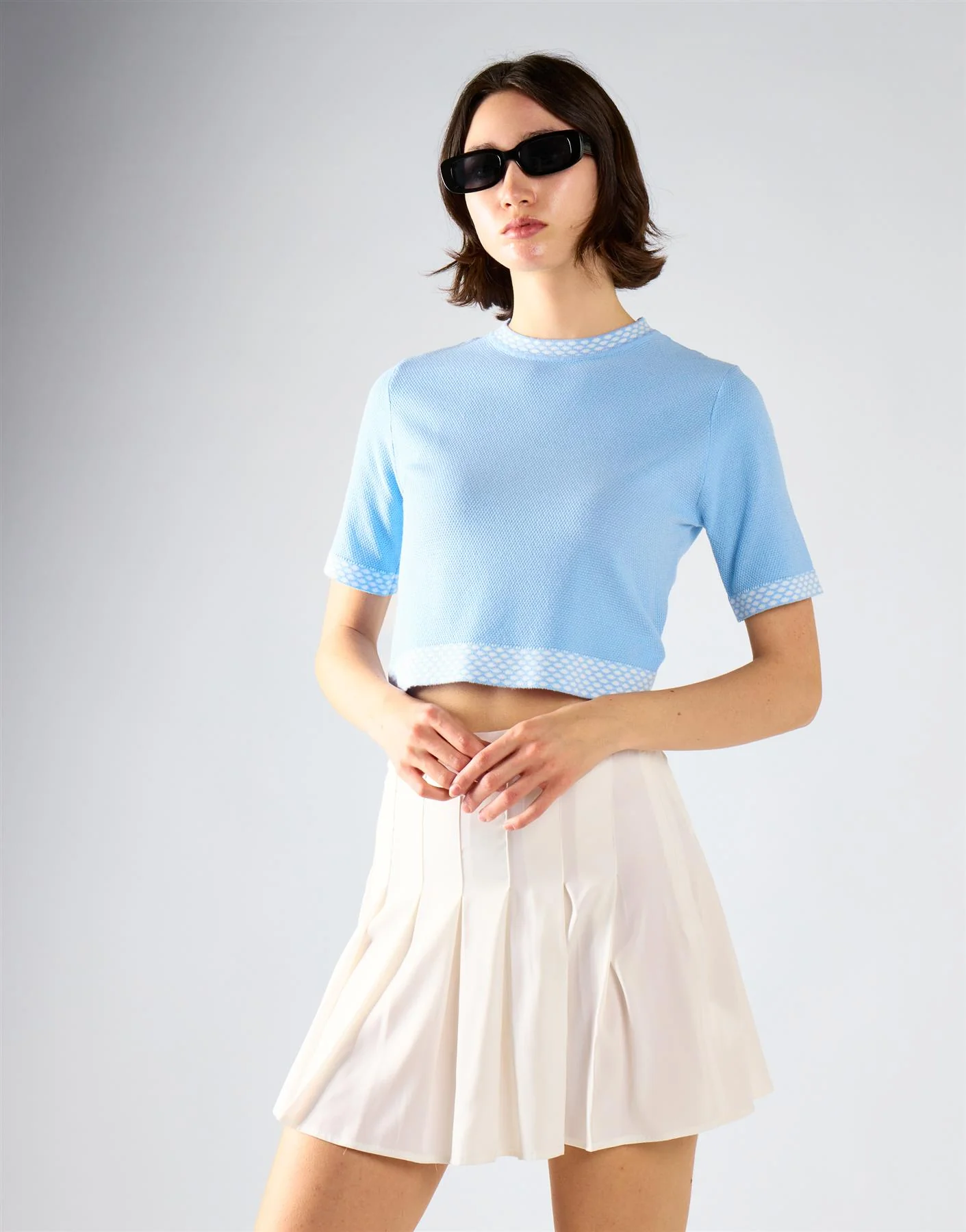 Light Blue White Trim Detail Crop Top - Image 3