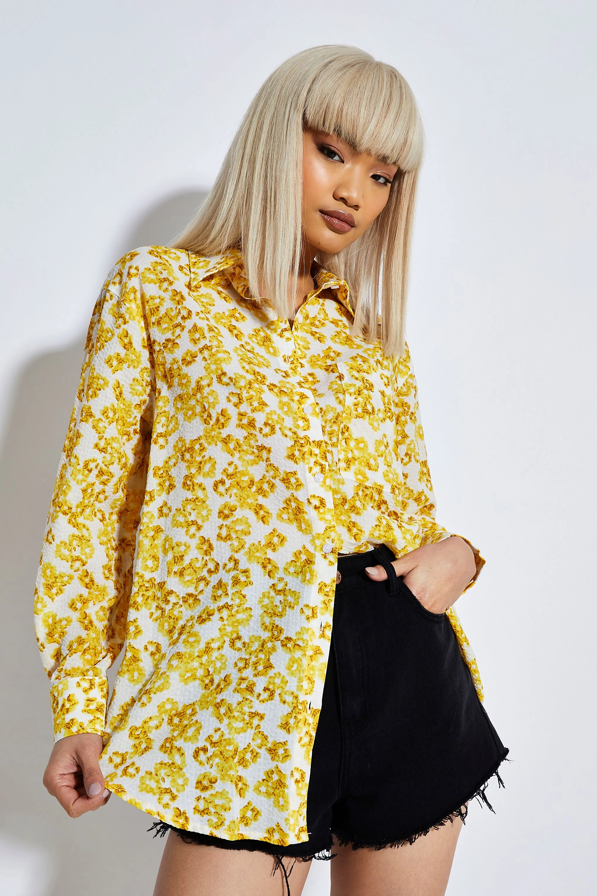 Glamorous Yellow Texture Ditsy Button Front Shirt - Image 2