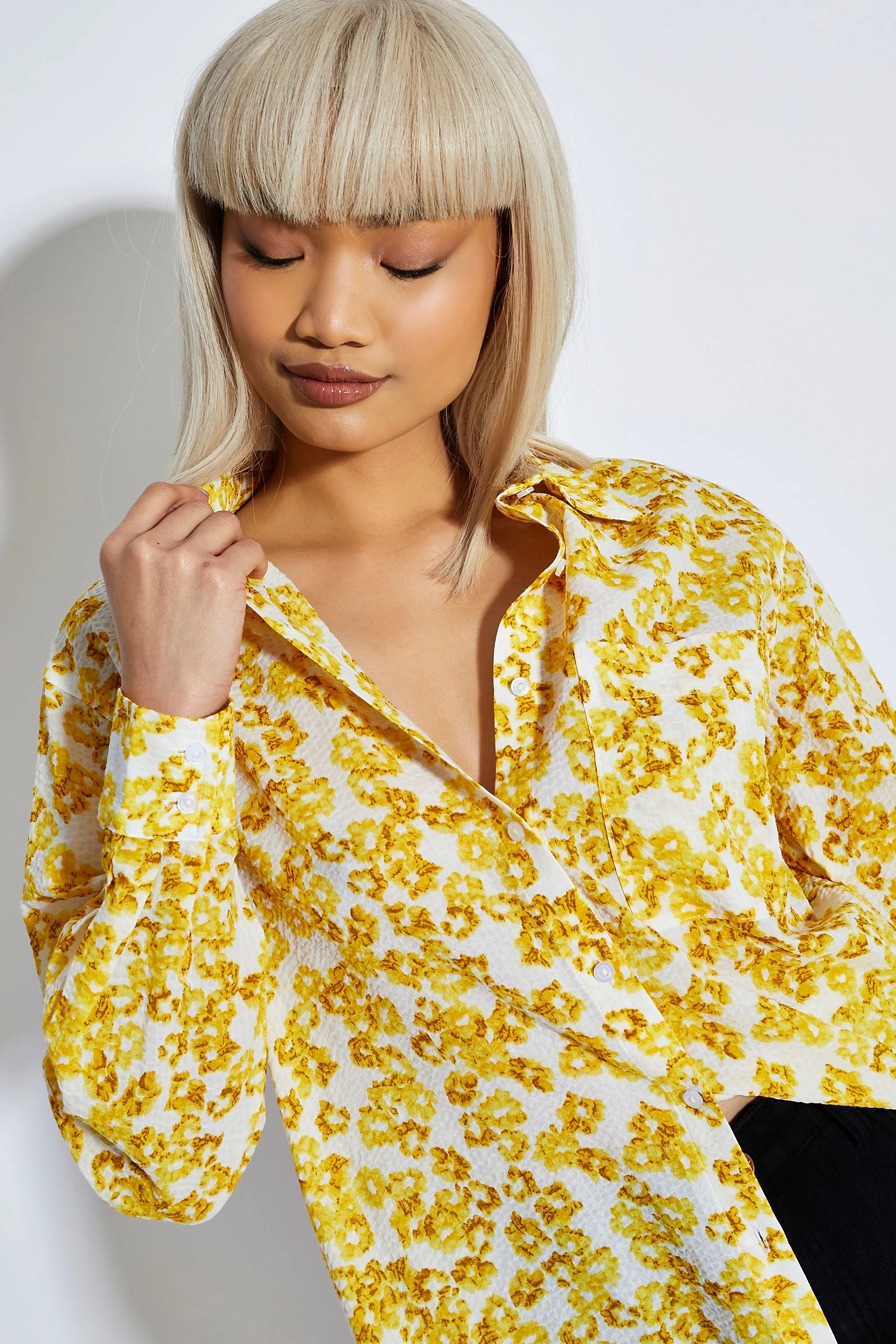Glamorous Yellow Texture Ditsy Button Front Shirt - Image 4