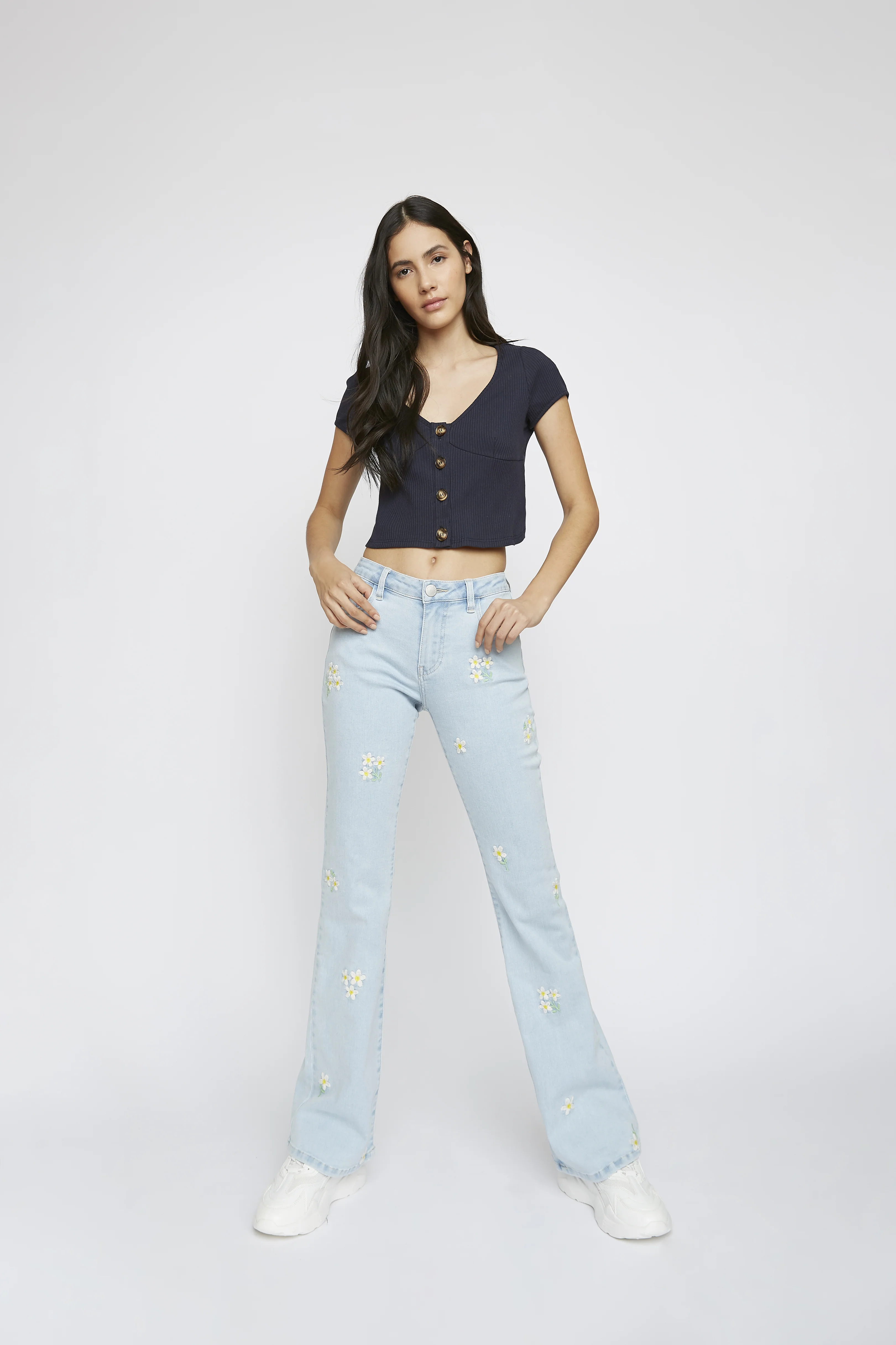 Glamorous Navy Button Front Crop Top - Image 3
