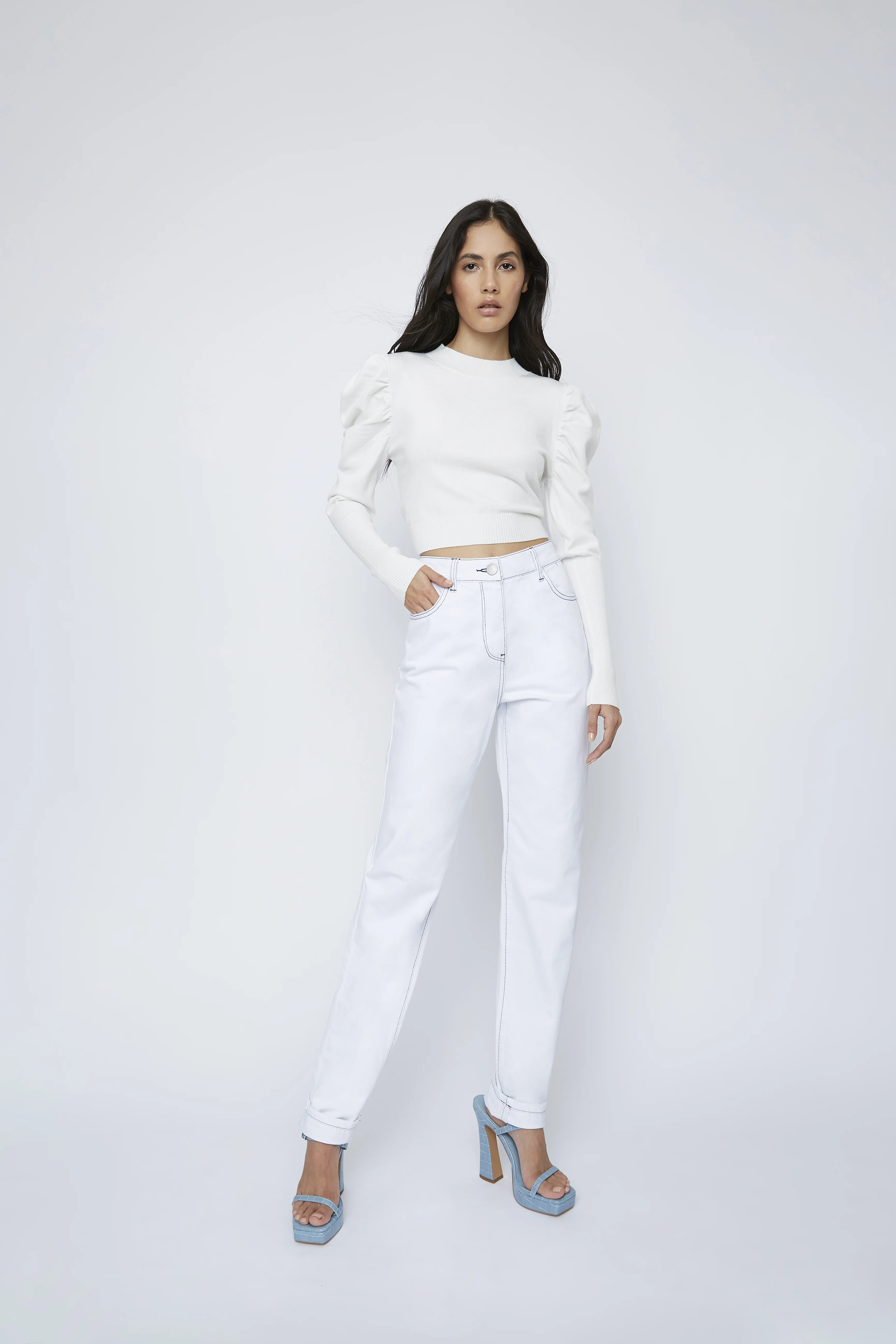 Glamorous White Puff Shoulder Open Back Jumper - Image 3